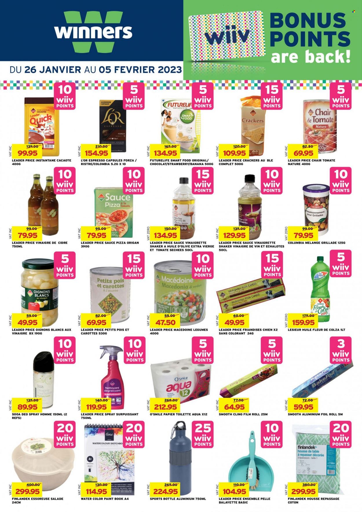 thumbnail - Winner's Catalogue - 26.01.2023 - 5.02.2023 - Sales products - pizza, sauce, snack, crackers, vinaigrette dressing, soda, Boost, L'Or, bath tissue, shaker, travel bottle, aluminium foil, watercolour, deodorant. Page 11.