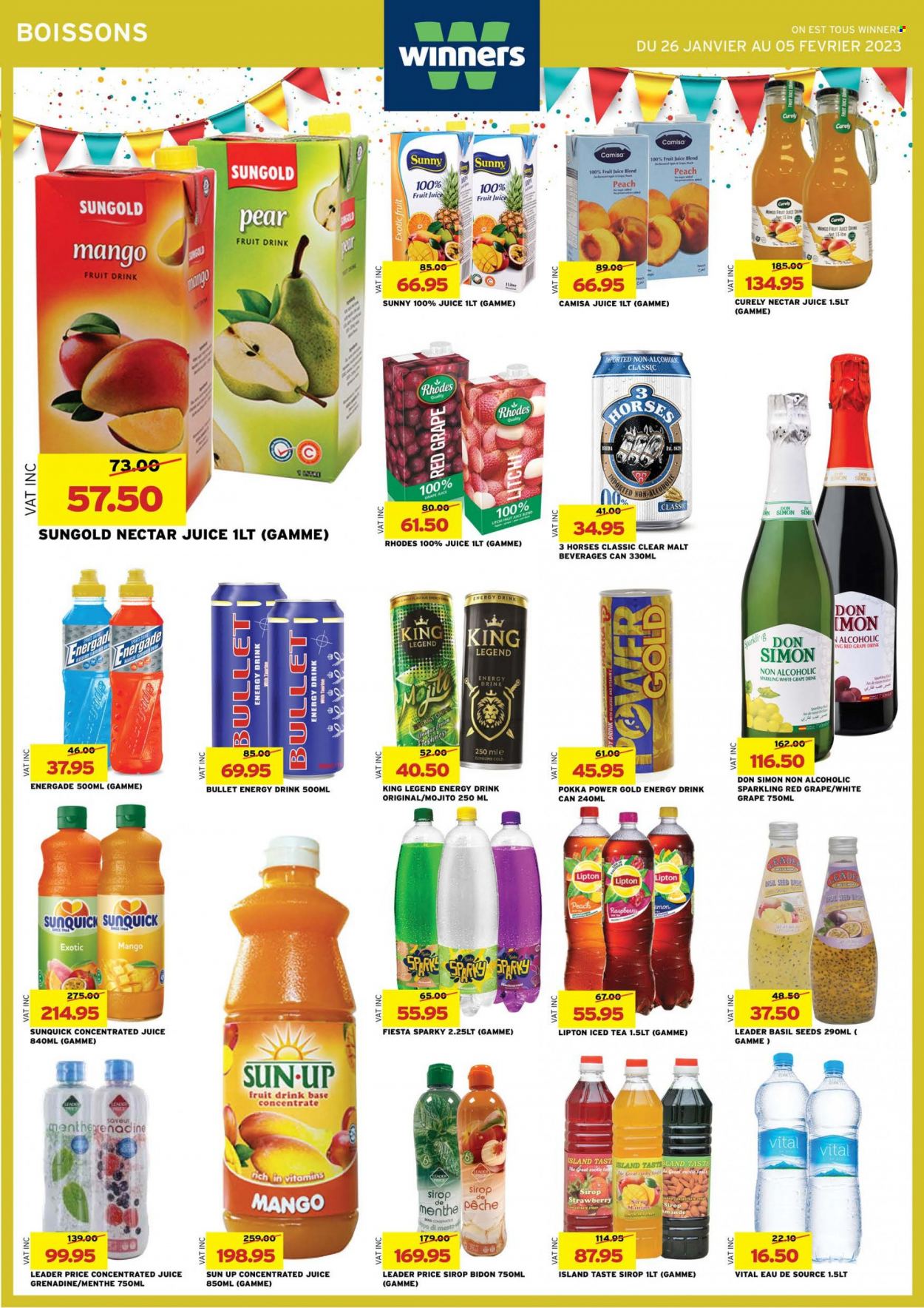 thumbnail - Winner's Catalogue - 26.01.2023 - 5.02.2023 - Sales products - mango, pears, malt, syrup, juice, fruit juice, energy drink, fruit drink, ice tea, grenadine, Lipton. Page 12.