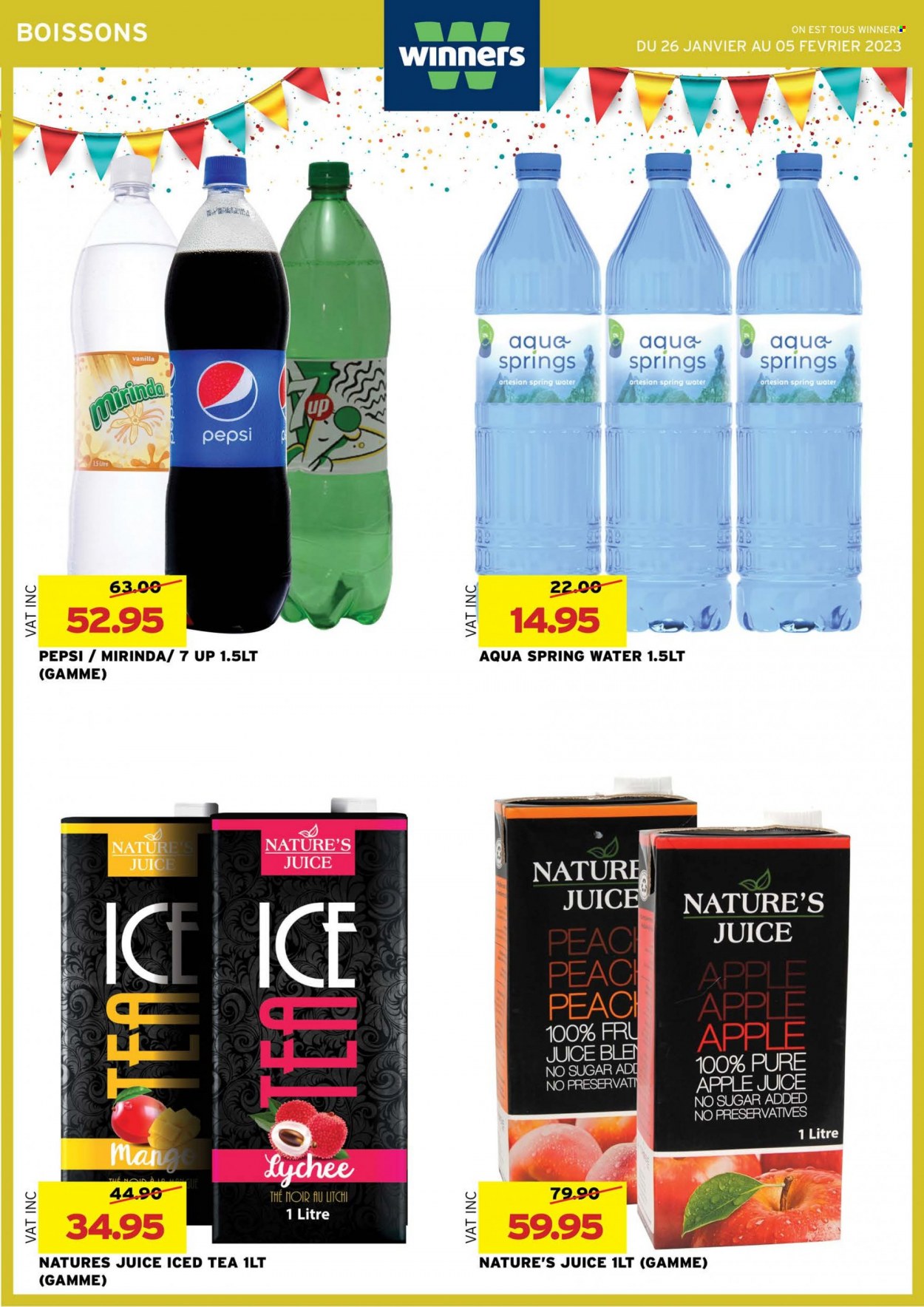 thumbnail - Winner's Catalogue - 26.01.2023 - 5.02.2023 - Sales products - lychee, apple juice, Pepsi, juice, ice tea, 7UP, spring water. Page 13.