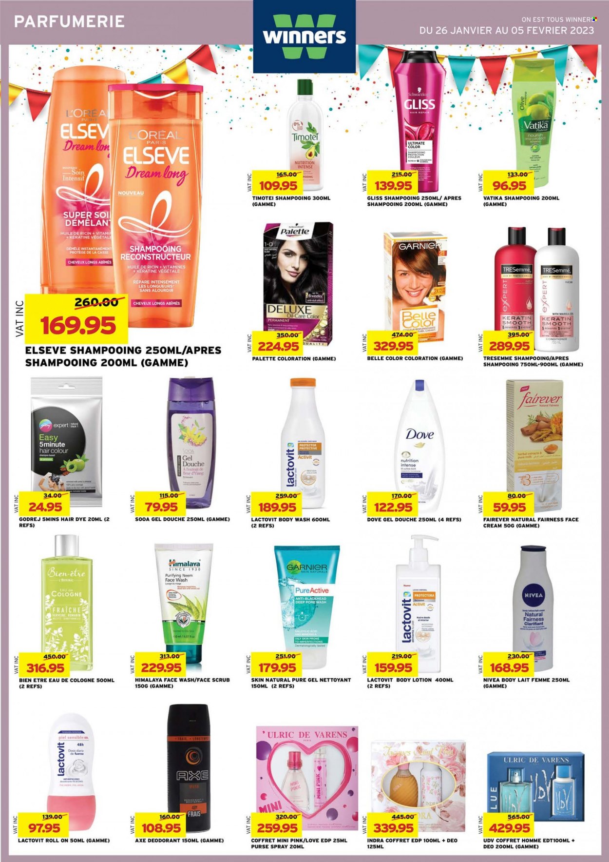 thumbnail - Winner's Catalogue - 26.01.2023 - 5.02.2023 - Sales products - milk, Dove, oil, Nivea, body wash, Gliss, face gel, face cream, face wash, conditioner, TRESemmé, Palette, hair color, keratin, body lotion, anti-perspirant, eau de parfum, cologne, roll-on, Axe, calcium, Garnier, shampoo, deodorant. Page 24.