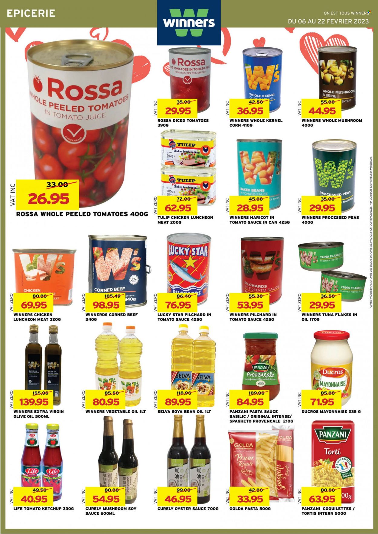 thumbnail - Winner's Catalogue - 6.02.2023 - 22.02.2023 - Sales products - mushrooms, beans, corn, tomatoes, peas, tuna, oysters, pasta sauce, lunch meat, corned beef, mayonnaise, baked beans, diced tomatoes, penne, soy sauce, oyster sauce, extra virgin olive oil, vegetable oil, olive oil, tomato juice, whole chicken, chicken, beef meat, ketchup. Page 18.
