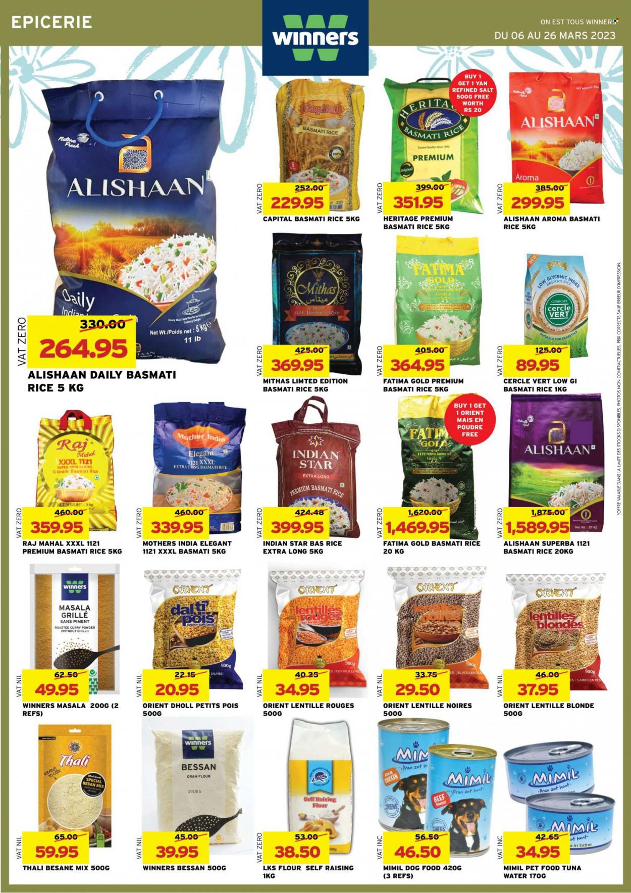 thumbnail - Winner's Catalogue - 6.03.2023 - 26.03.2023 - Sales products - Mars, flour, gram flour, salt, lentils, basmati rice, rice, red lentils, curry powder, water, animal food, dog food. Page 20.