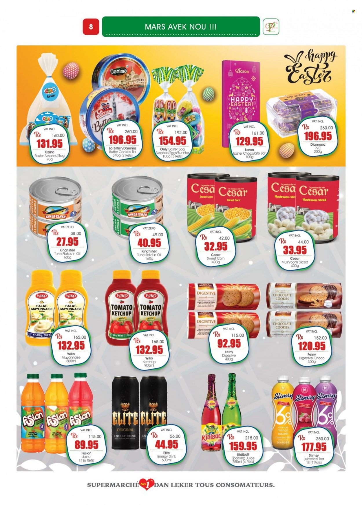 thumbnail - Dreamprice Catalogue - 17.03.2023 - 10.04.2023 - Sales products - mushrooms, corn, sweet corn, mango, oranges, tuna, eggs, mayonnaise, cookies, chocolate cookies, butter cookies, Mars, biscuit, Digestive, chocolate bar, juice, energy drink, ice tea, sparkling juice, tea, bag, ketchup. Page 8.