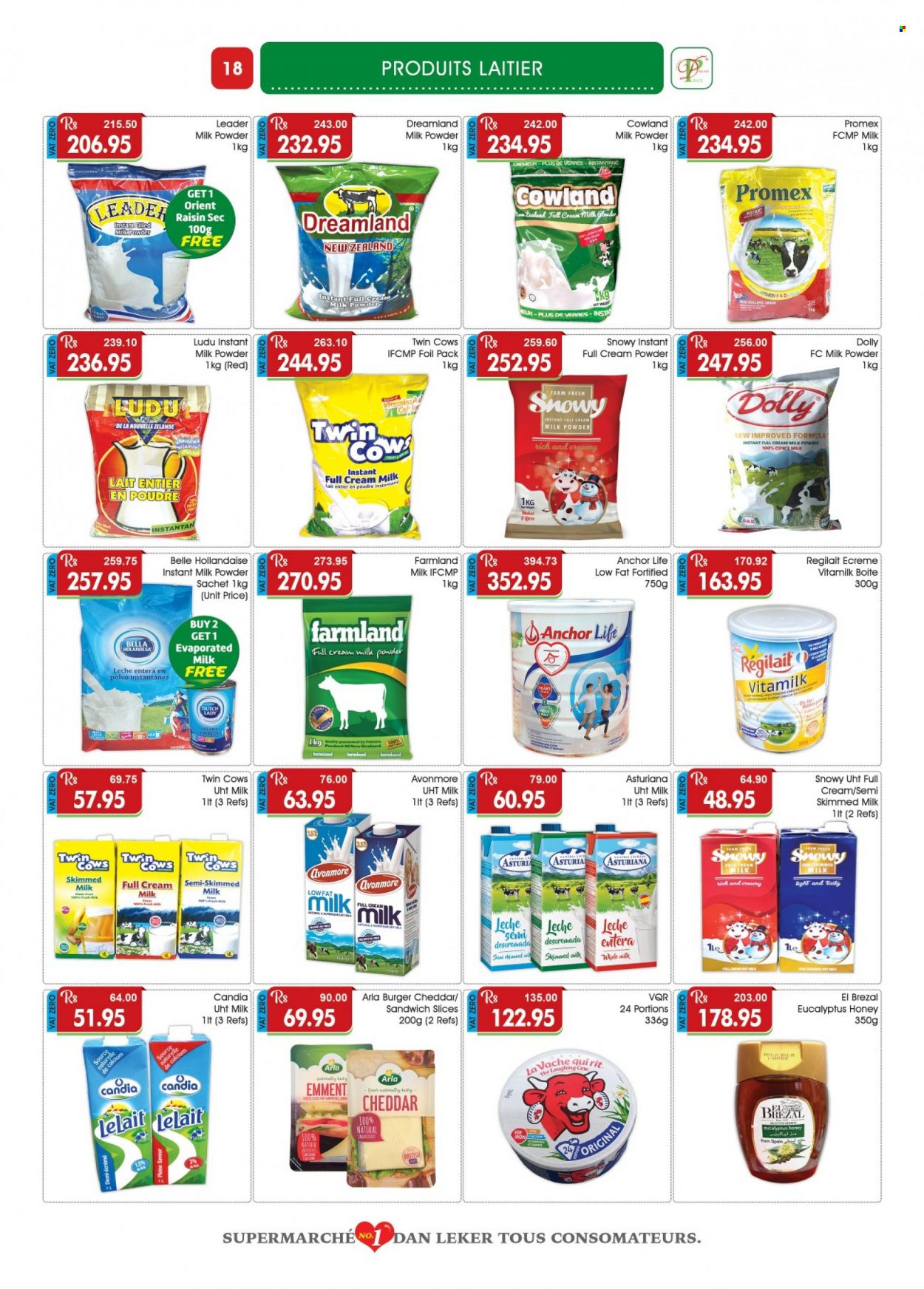 thumbnail - Dreamprice Catalogue - 17.03.2023 - 10.04.2023 - Sales products - Bella, sandwich, hamburger, sandwich slices, cheddar, cheese, The Laughing Cow, Arla, evaporated milk, milk powder, Anchor, Carmela, honey, calcium. Page 18.