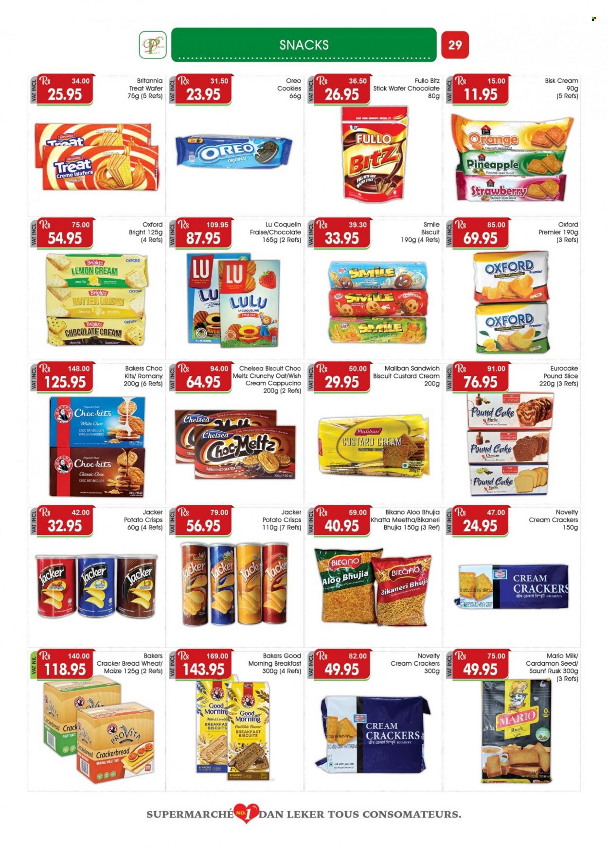 thumbnail - Dreamprice Catalogue - 17.03.2023 - 10.04.2023 - Sales products - bread, pound cake, rusks, pineapple, oranges, custard, milk, butter, cookies, wafers, snack, crackers, biscuit, potato crisps, oats, bhujia, Sol, Bakers, Oreo. Page 29.