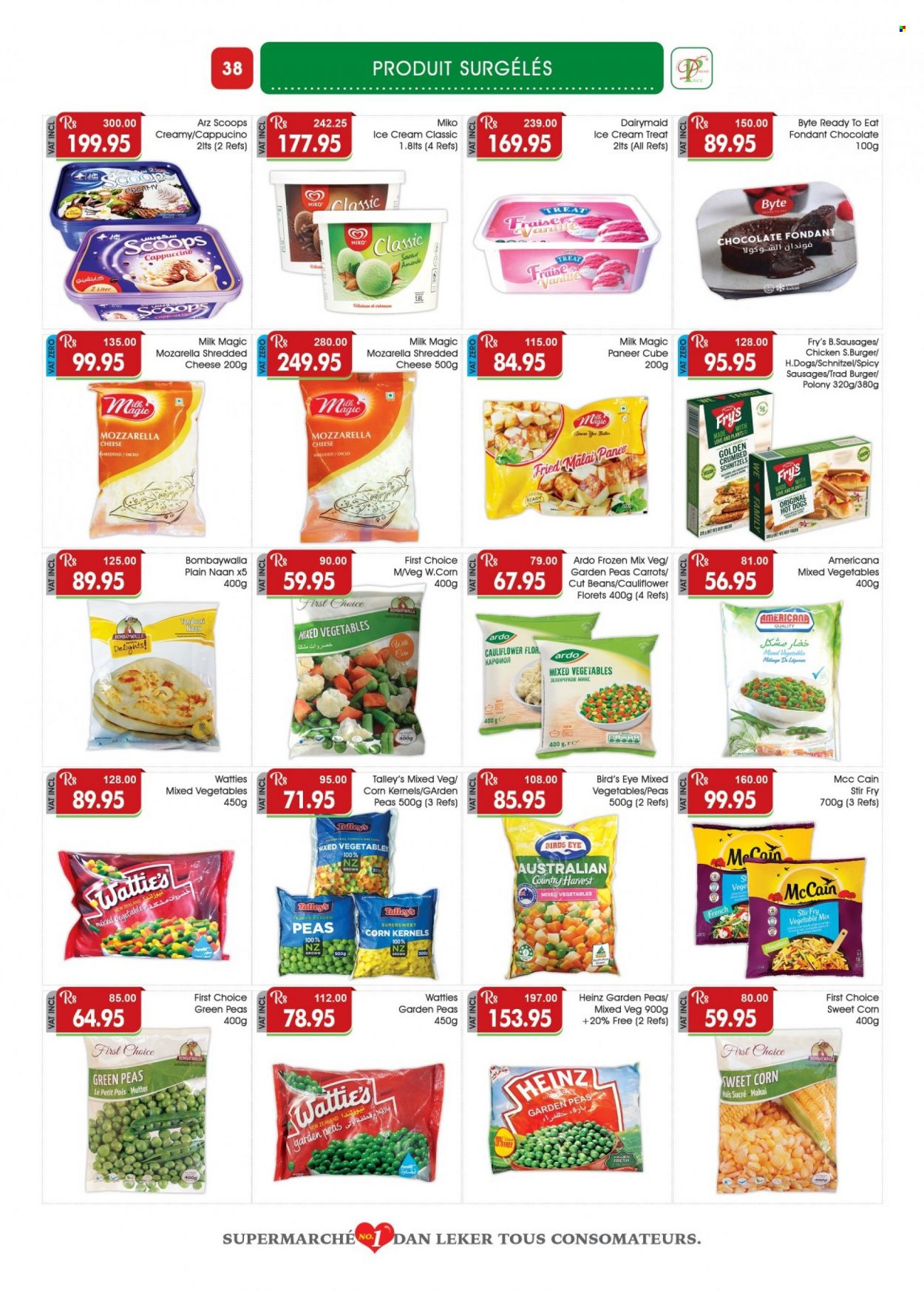 thumbnail - Dreamprice Catalogue - 17.03.2023 - 10.04.2023 - Sales products - beans, carrots, cauliflower, corn, peas, sweet corn, hot dog, hamburger, schnitzel, Bird's Eye, Wattie's, polony, sausage, shredded cheese, paneer, milk, ice cream, frozen vegetables, mixed vegetables, Country Harvest, McCain, cappuccino, chicken, cage, mozzarella, Heinz. Page 38.