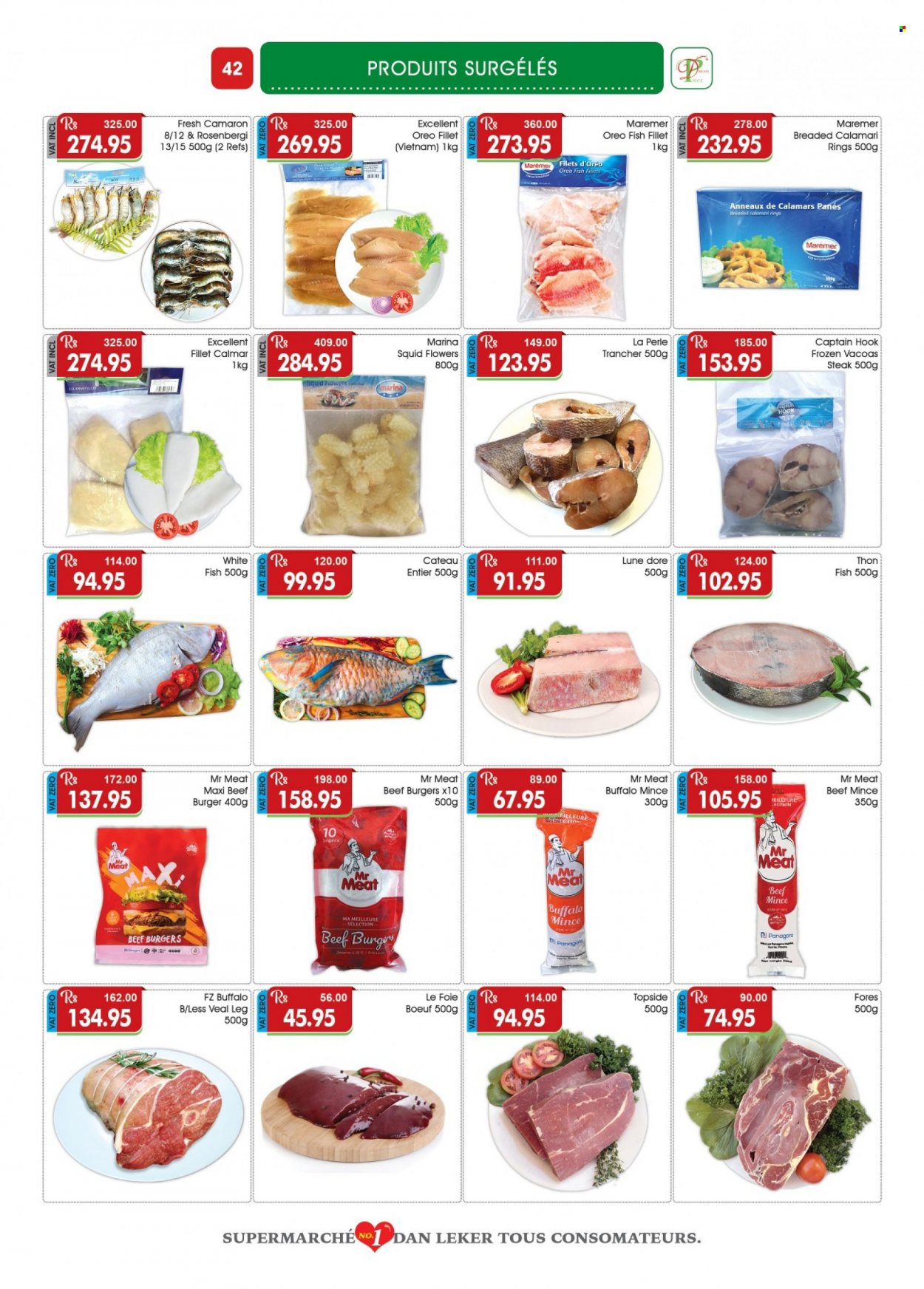 thumbnail - Dreamprice Catalogue - 17.03.2023 - 10.04.2023 - Sales products - calamari, fish fillets, squid, whitefish, fish, hamburger, beef burger, beef meat, ground beef, steak, hook, Oreo. Page 42.
