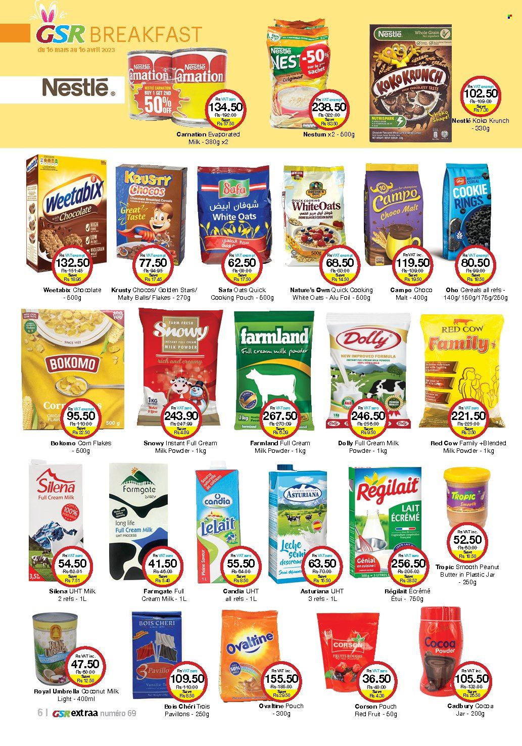 thumbnail - GSR Catalogue - 16.03.2023 - 16.04.2023 - Sales products - evaporated milk, milk powder, chocolate, Mars, Cadbury, oats, malt, coconut milk, cereals, corn flakes, Weetabix, Nestlé. Page 6.