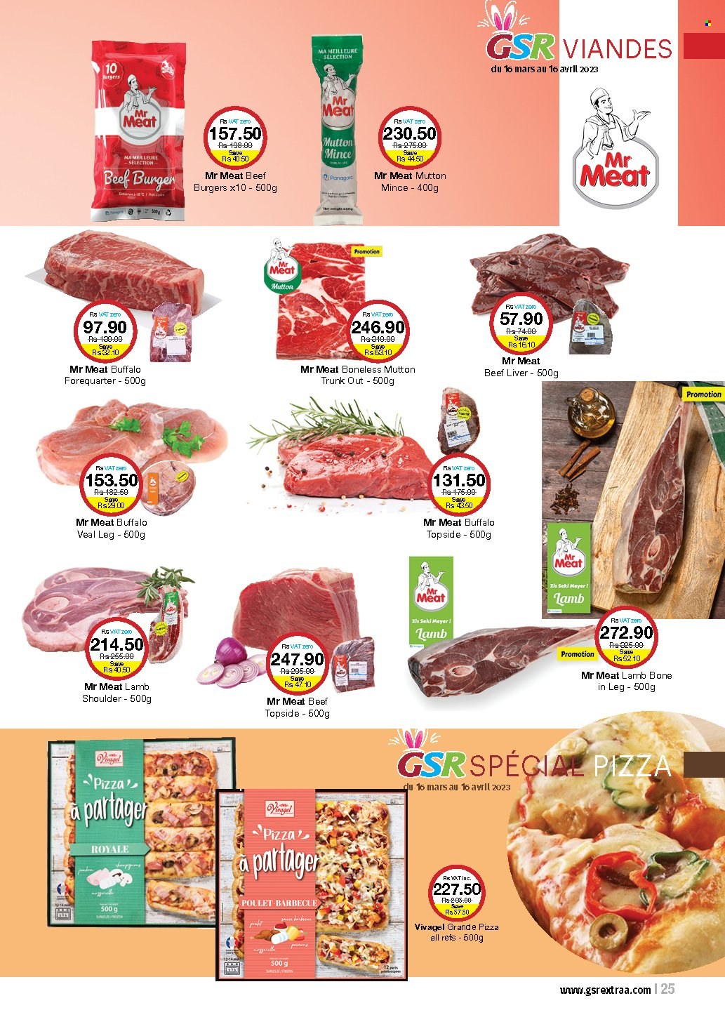 thumbnail - GSR Catalogue - 16.03.2023 - 16.04.2023 - Sales products - pizza, hamburger, beef burger, Mars, beef liver, beef meat, lamb meat, lamb shoulder, mutton meat. Page 25.