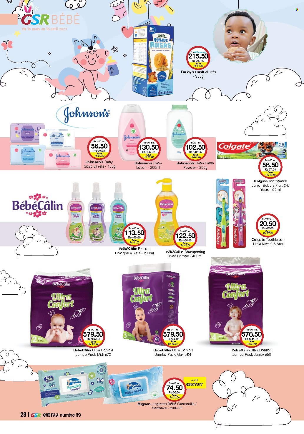 thumbnail - GSR Catalogue - 16.03.2023 - 16.04.2023 - Sales products - rusks, Mars, wipes, Johnson's, soap, toothbrush, toothpaste, body lotion, cologne, Colgate, Heinz. Page 28.