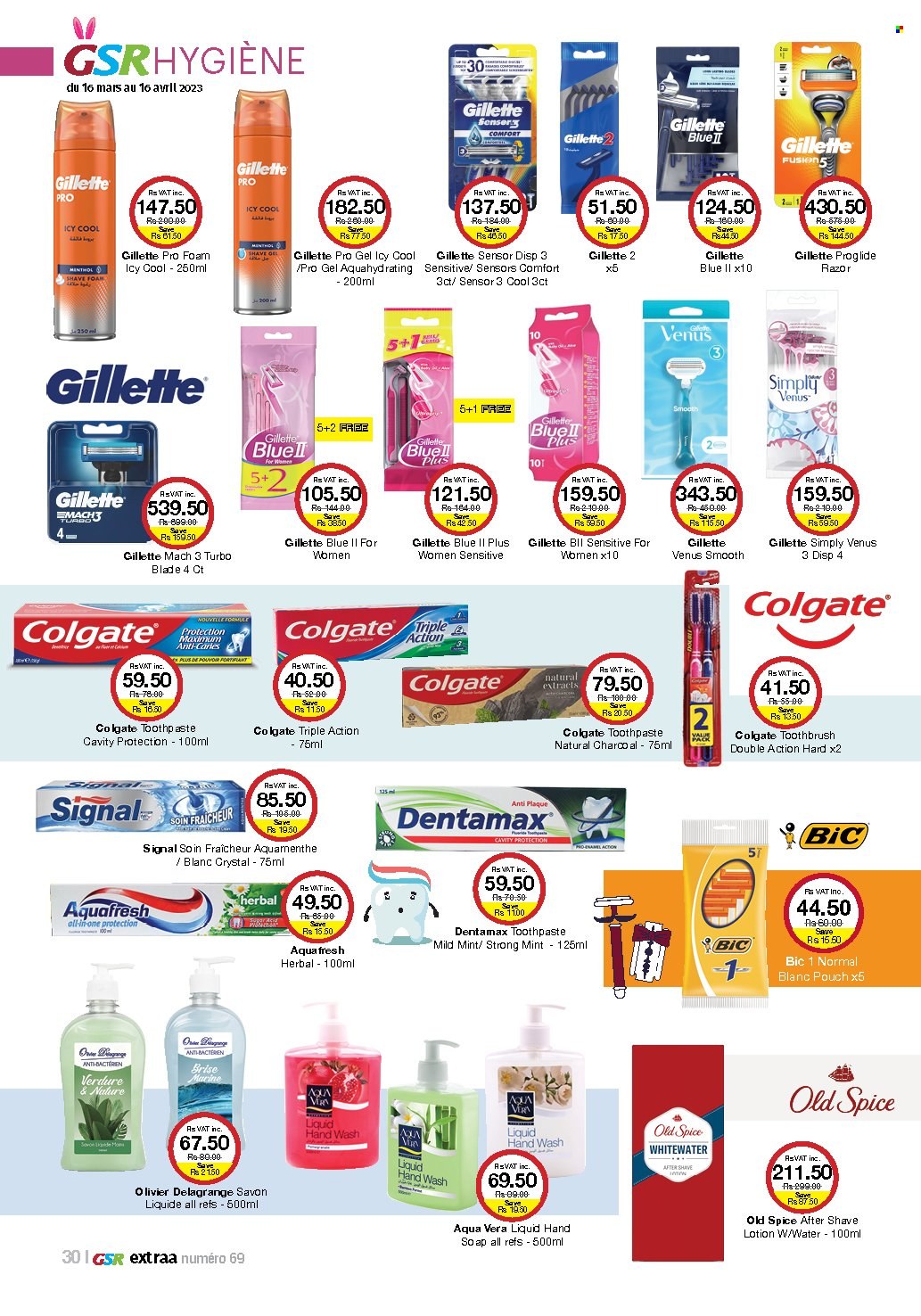 thumbnail - GSR Catalogue - 16.03.2023 - 16.04.2023 - Sales products - Mars, spice, water, hand wash, toothbrush, toothpaste, Signal, Gillette, body lotion, after shave, BIC, razor, Venus, Colgate, Old Spice. Page 30.