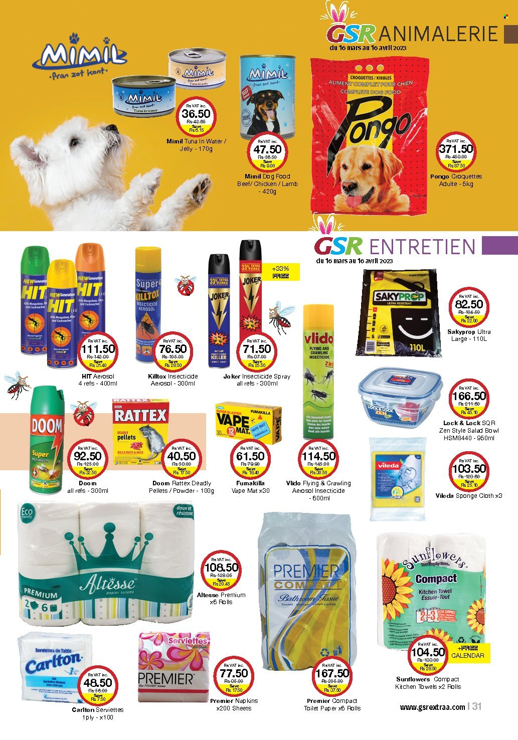 thumbnail - GSR Catalogue - 16.03.2023 - 16.04.2023 - Sales products - potato croquettes, Mars, tuna in water, water, chicken, napkins, bath tissue, toilet paper, kitchen towels, insecticide, animal food, dog food. Page 31.