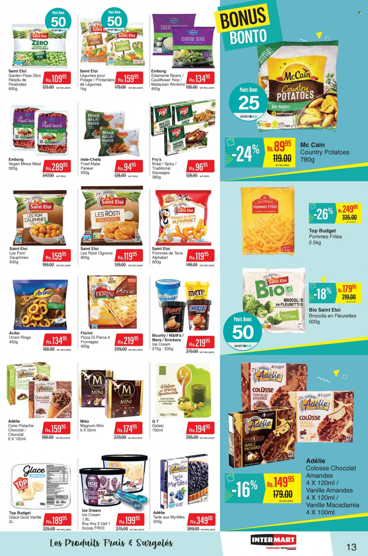 thumbnail - Intermart Catalogue - 24.03.2023 - 10.04.2023 - Sales products - beans, Edamame, potatoes, peas, pizza, onion rings, sausage, paneer, Magnum, ice cream, gelato, Snickers, Bounty, Mars, rice, macadamia nuts, M&M's. Page 13.