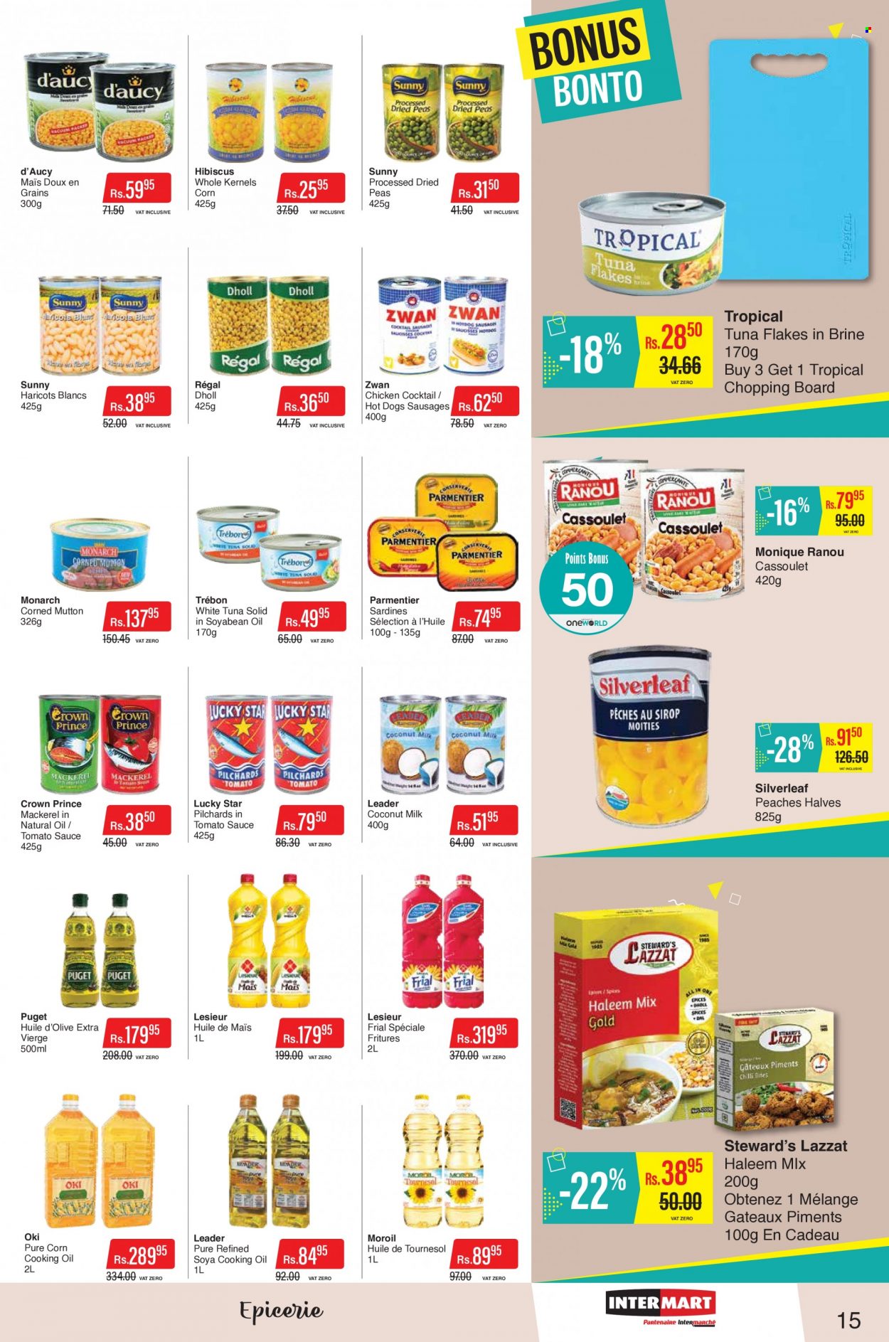 thumbnail - Intermart Catalogue - 24.03.2023 - 10.04.2023 - Sales products - corn, peas, peaches, mackerel, sardines, tuna, hot dog, sausage, coconut milk, oil, cooking oil, chicken, mutton meat, chopping board. Page 15.