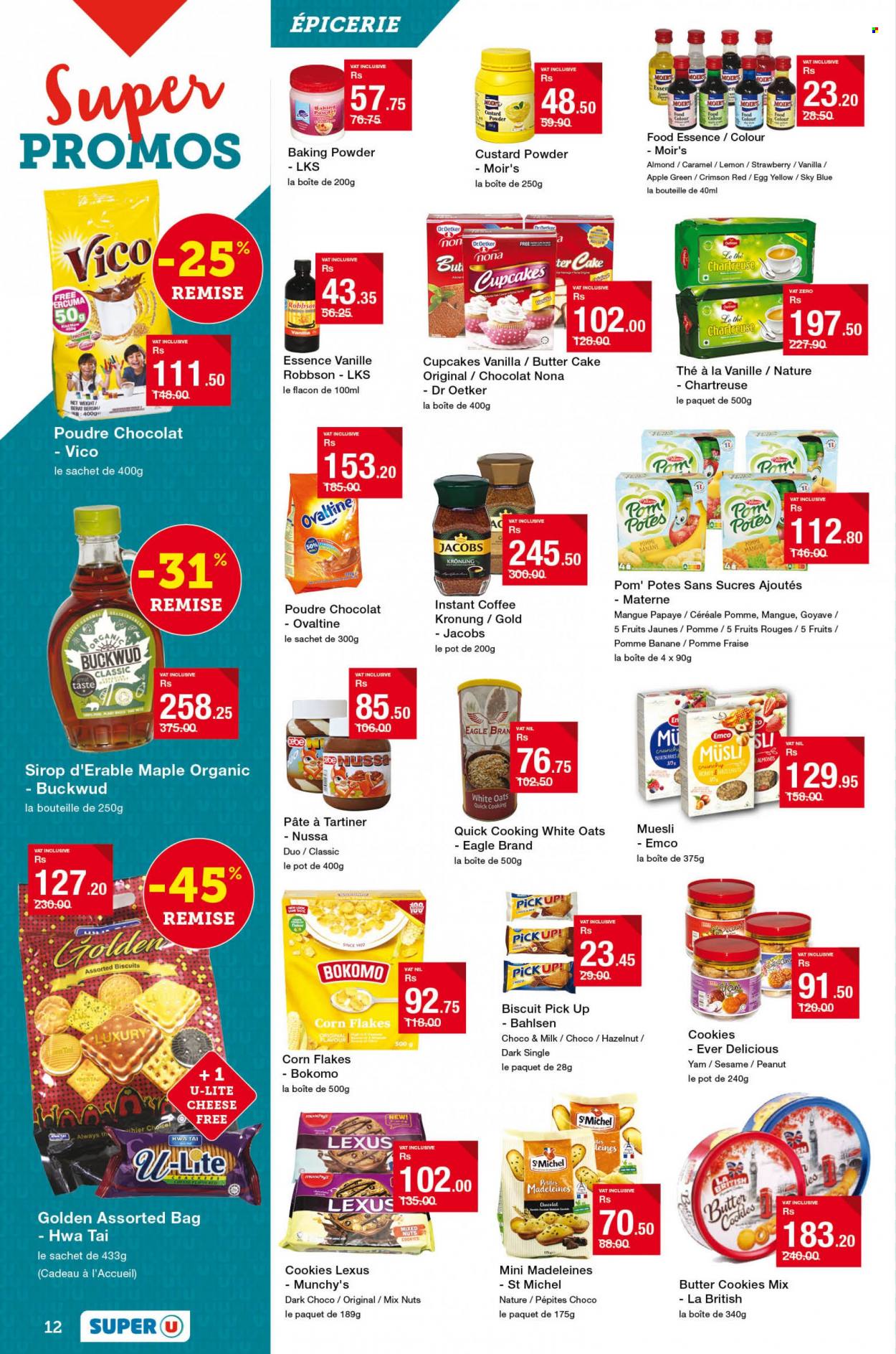 thumbnail - Super U Catalogue - 21.03.2023 - 9.04.2023 - Sales products - cake, cupcake, blueberries, cheese, Dr. Oetker, custard, milk, eggs, cookies, butter cookies, biscuit, baking powder, oats, corn flakes, muesli, caramel, almonds, mixed nuts, coffee, instant coffee, Jacobs, Jacobs Krönung, bag, pot. Page 12.