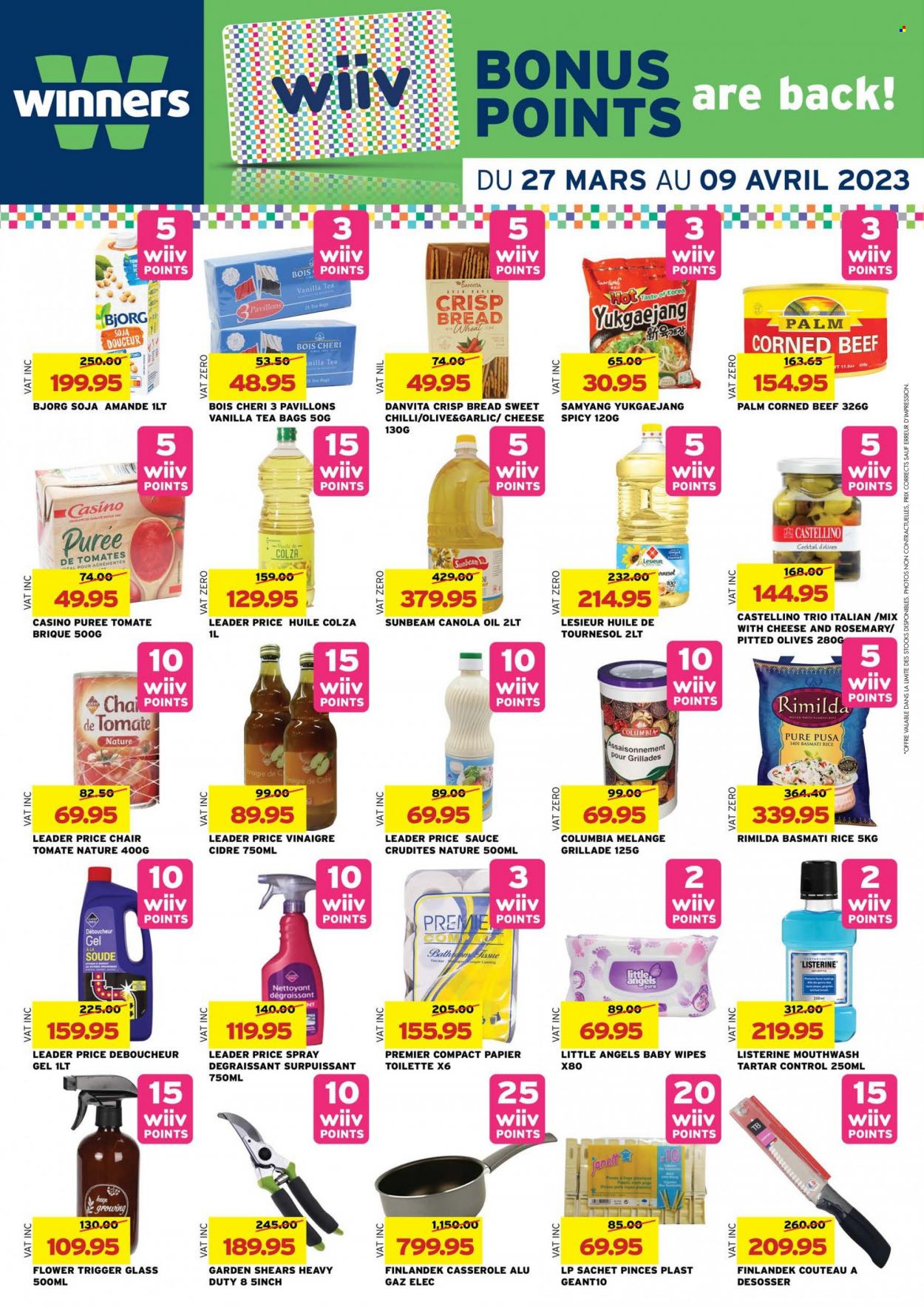 thumbnail - Winner's Catalogue - 27.03.2023 - 9.04.2023 - Sales products - bread, Ace, crispbread, garlic, sauce, corned beef, cheese, Mars, basmati rice, rice, rosemary, canola oil, oil, tea bags, beef meat, wipes, baby wipes, bath tissue, mouthwash, casserole, Sunbeam, Listerine, olives. Page 21.