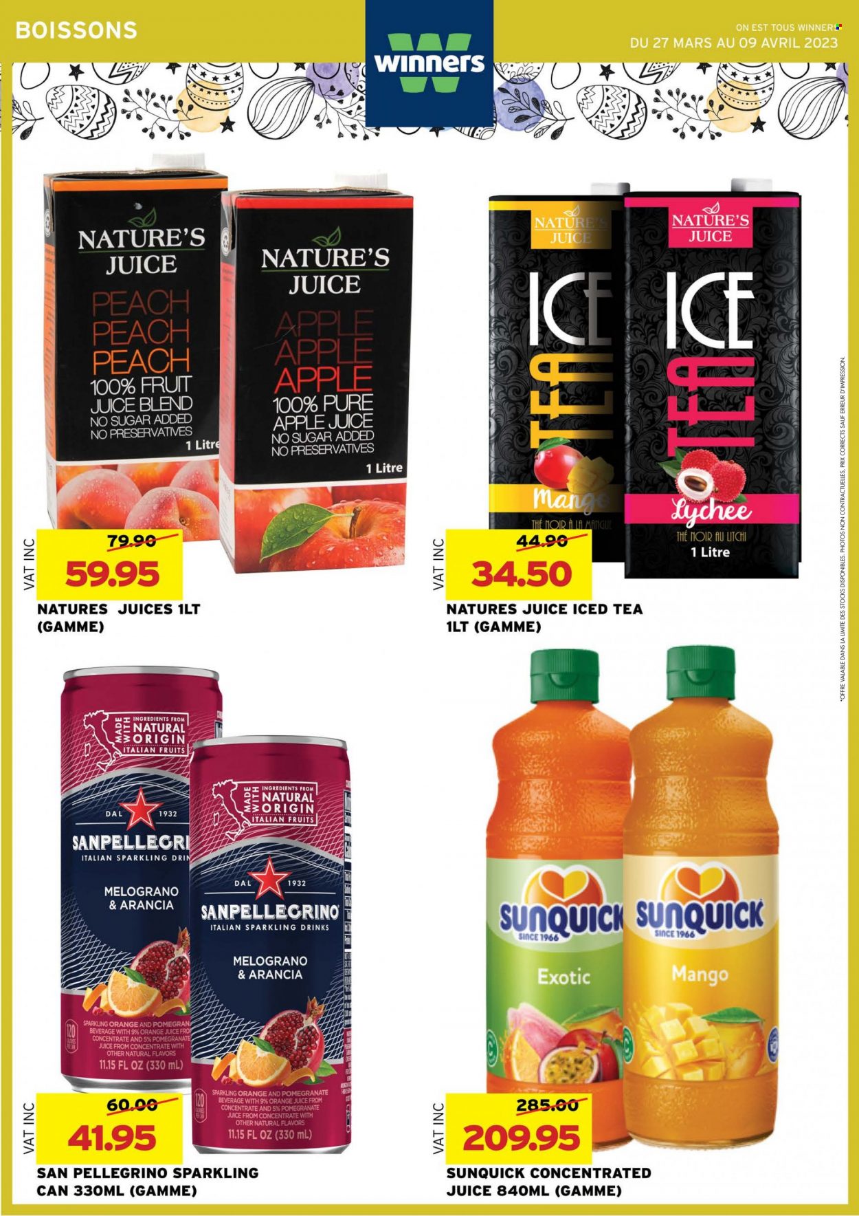 thumbnail - Winner's Catalogue - 27.03.2023 - 9.04.2023 - Sales products - lychee, pomegranate, Mars, apple juice, orange juice, juice, fruit juice, ice tea, San Pellegrino. Page 23.