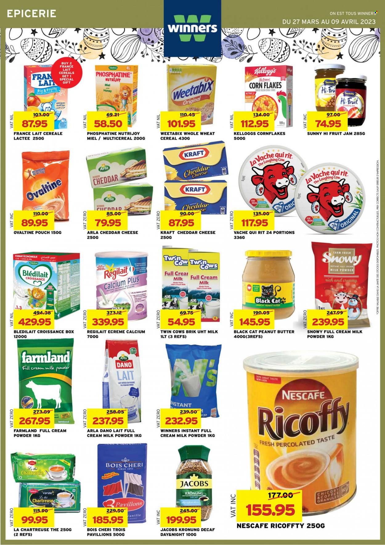 thumbnail - Winner's Catalogue - 27.03.2023 - 9.04.2023 - Sales products - pineapple, Kraft®, cheddar, cheese, The Laughing Cow, Arla, milk powder, Mars, Kellogg's, strawberry jam, cereals, corn flakes, Weetabix, rice, honey, fruit jam, peanut butter, coffee, Jacobs, Ricoffy, Jacobs Krönung, zinc, calcium, Nescafé. Page 25.