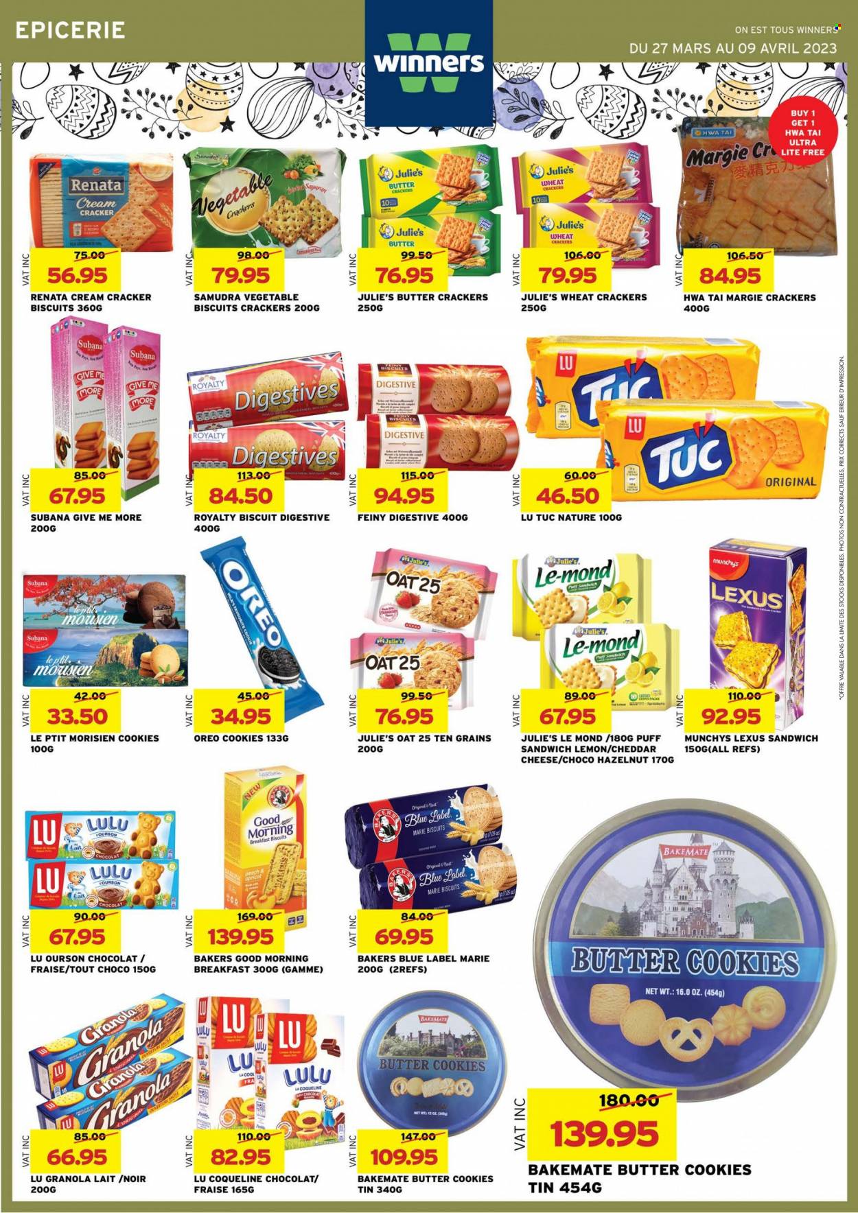 thumbnail - Winner's Catalogue - 27.03.2023 - 9.04.2023 - Sales products - cheddar, cheese, cookies, butter cookies, Mars, crackers, biscuit, Julie's, Digestive, oats, Bakers, calcium, granola, Oreo. Page 27.