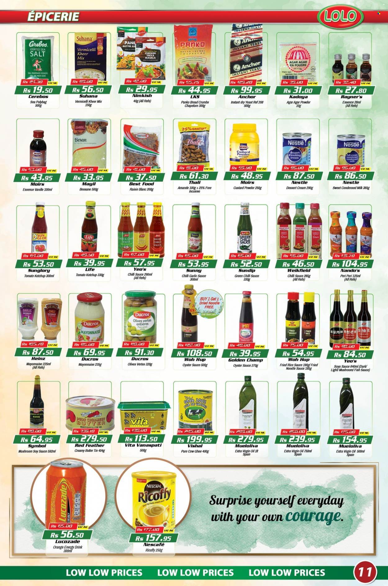 thumbnail - LOLO Hyper Catalogue - 26.03.2023 - 14.04.2023 - Sales products - mushrooms, breadcrumbs, panko breadcrumbs, oranges, oysters, fish, sauce, noodles, Tikka Masala, custard, condensed milk, yeast, butter, ghee, Anchor, mayonnaise, gram flour, sea salt, dry yeast, fish sauce, soy sauce, oyster sauce, chilli sauce, sweet chilli sauce, garlic sauce, extra virgin olive oil, oil, raisins, sultanas, dried fruit, energy drink, Lucozade, Ricoffy, chicken, Nestlé, Heinz, ketchup, olives, Nescafé. Page 11.