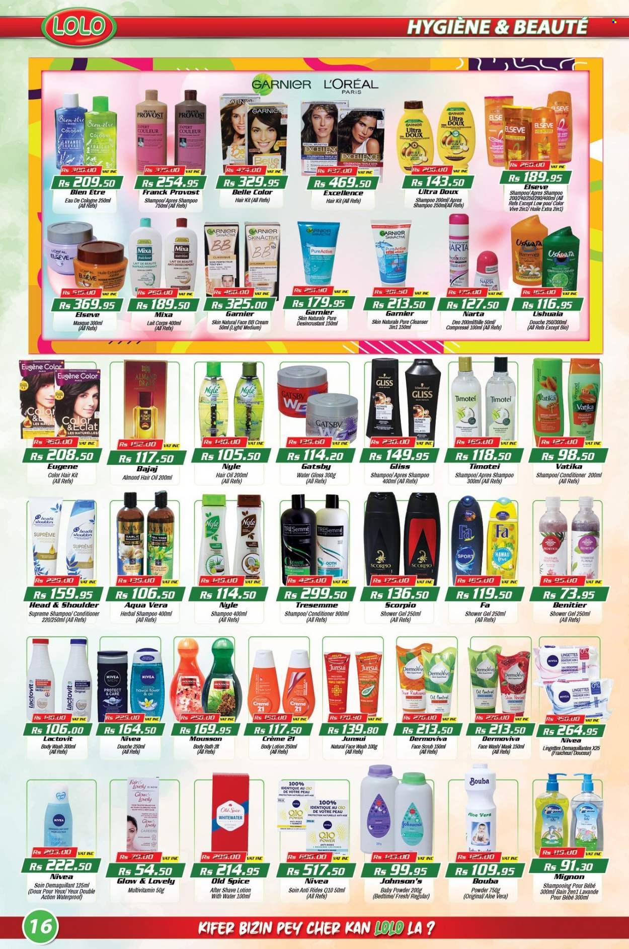 thumbnail - LOLO Hyper Catalogue - 26.03.2023 - 14.04.2023 - Sales products - spice, oil, Johnson's, Nivea, baby powder, body wash, shower gel, Gliss, face gel, Mousson, cleanser, L’Oréal, face mask, face wash, conditioner, TRESemmé, Head & Shoulders, hair oil, body lotion, after shave, Eclat, cologne, multivitamin, Franck Provost, Garnier, shampoo, Old Spice, deodorant. Page 16.