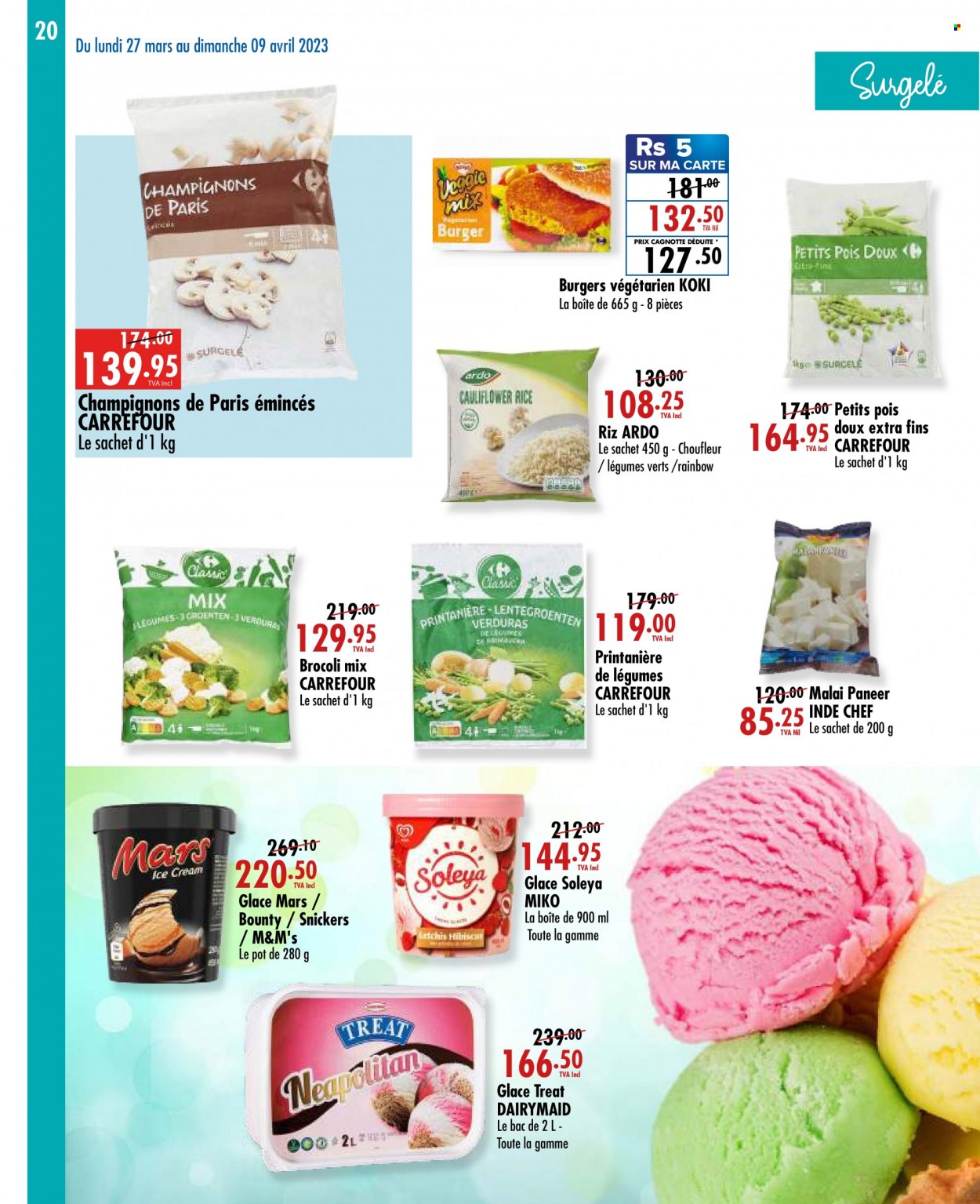 thumbnail - Jumbo Catalogue - 27.03.2023 - 9.04.2023 - Sales products - cauliflower, hamburger, paneer, ice cream, Snickers, Bounty, Mars, rice, pot, M&M's. Page 20.
