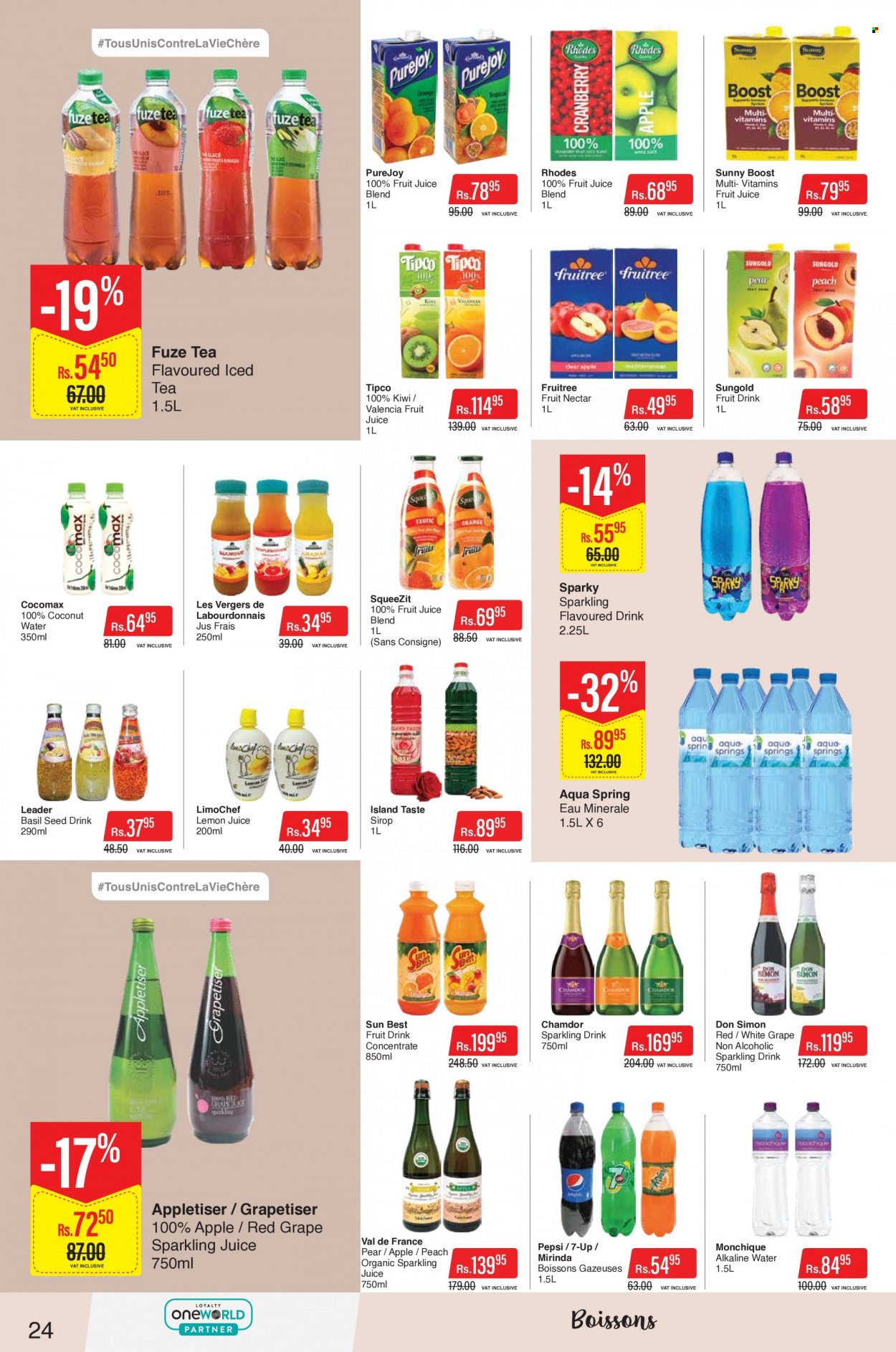 thumbnail - Intermart Catalogue - 23.05.2023 - 7.06.2023 - Sales products - pears, Pepsi, fruit juice, fruit drink, ice tea, fruit nectar, coconut water, soft drink, 7UP, sparkling juice, alkaline water, water, lemon juice, Boost, kiwi. Page 24.
