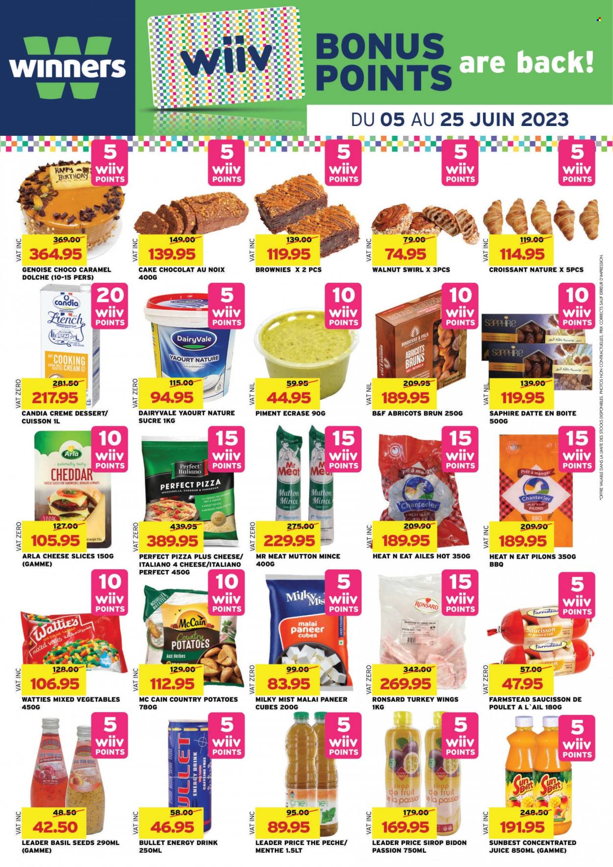 thumbnail - Winner's Catalogue - 5.06.2023 - 25.06.2023 - Sales products - cake, croissant, wraps, brownies, dessert, potatoes, pomegranate, pizza, hamburger, sliced cheese, cheddar, paneer, parmesan, cheese, Arla, mixed vegetables, McCain, caramel, juice, energy drink, turkey wings, turkey, mutton meat. Page 6.