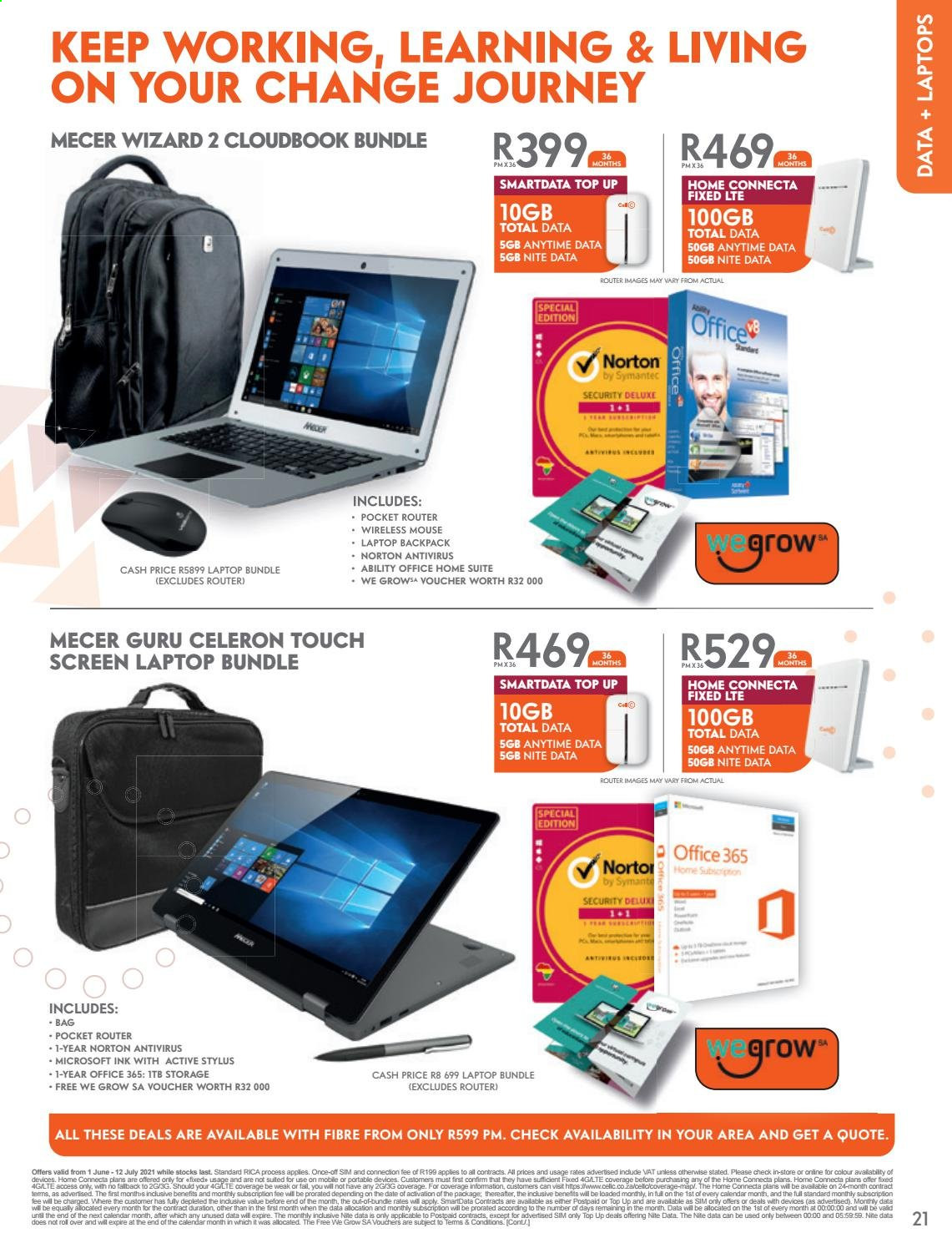 Cell C catalogue  - 01/06/2021 - 12/07/2021 - Sales products - Norton, anti-virus, wifi router, laptop, mouse, laptop backpack. Page 21.