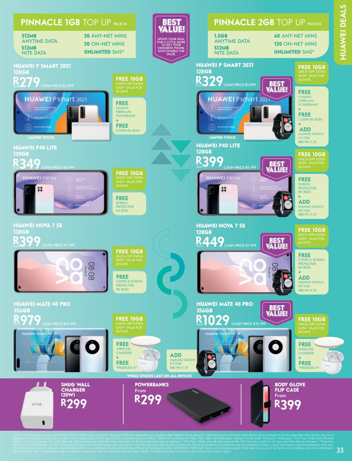 Cell C catalogue  - 01/06/2021 - 12/07/2021 - Sales products - Huawei, phone, Huawei P40, Huawei Nova, power bank, wireless charger, wall charger. Page 33.