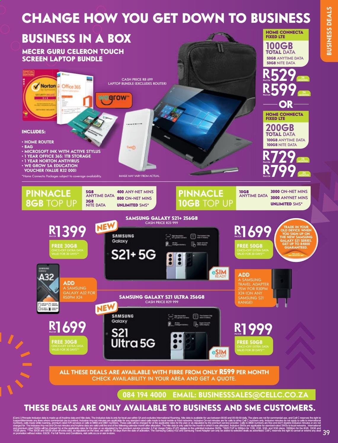 Cell C catalogue  - 01/06/2021 - 12/07/2021 - Sales products - Norton, anti-virus, Office 365, Samsung Galaxy, wifi router, Samsung Galaxy S, Samsung Galaxy S21, laptop, adapter. Page 39.