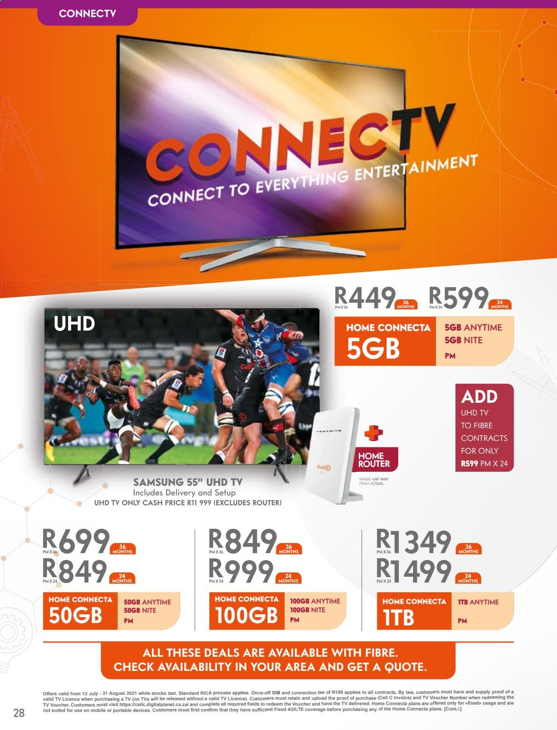 Cell C catalogue  - 13/07/2021 - 31/08/2021 - Sales products - wifi router, Samsung, UHD TV, TV. Page 28.