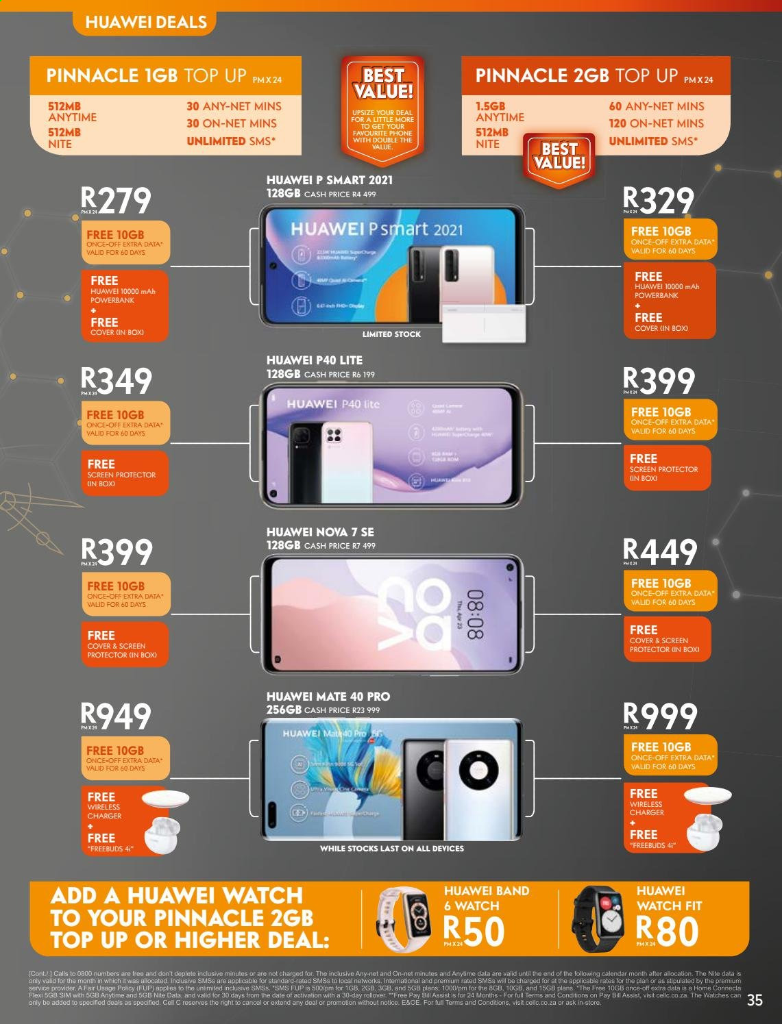 Cell C catalogue  - 13/07/2021 - 31/08/2021 - Sales products - Huawei, phone, Huawei P40, Huawei Nova, power bank, wireless charger. Page 35.