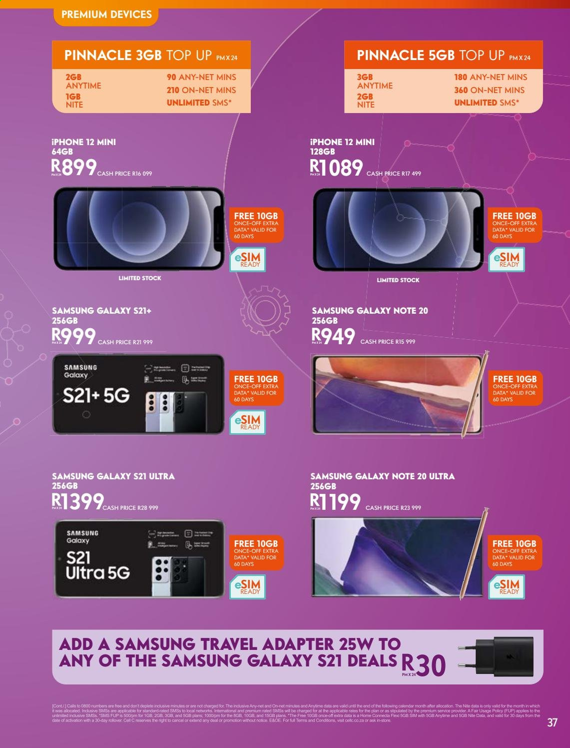 Cell C catalogue  - 13/07/2021 - 31/08/2021 - Sales products - Samsung Galaxy, Samsung, iPhone, iPhone 12, Samsung Galaxy S, Samsung Galaxy Note, Samsung Galaxy S21, adapter. Page 37.