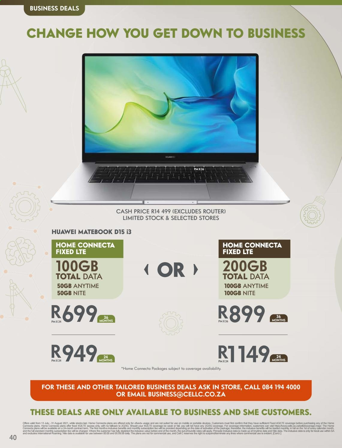 Cell C catalogue  - 13/07/2021 - 31/08/2021 - Sales products - Huawei, wifi router, MateBook. Page 40.