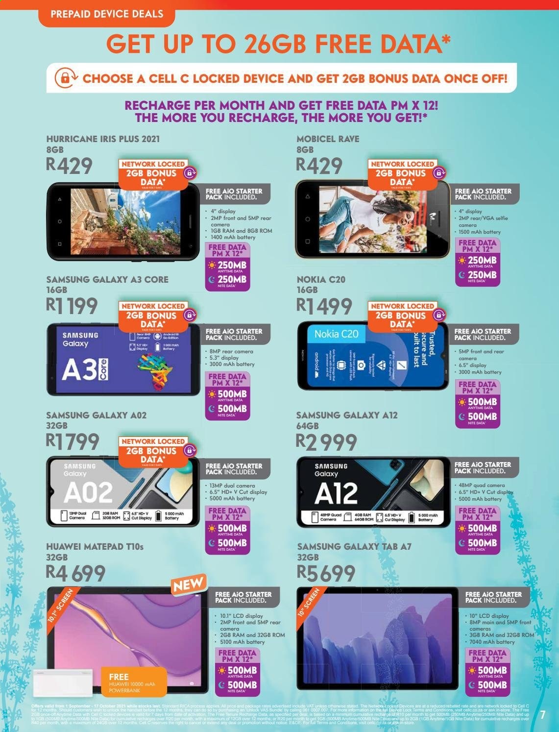 Cell C catalogue  - 01/09/2021 - 17/10/2021 - Sales products - Huawei, Samsung Galaxy, Samsung Galaxy Tab, Samsung, Nokia, Mobicel, Samsung Galaxy A, Samsung Galaxy A12, power bank. Page 7.