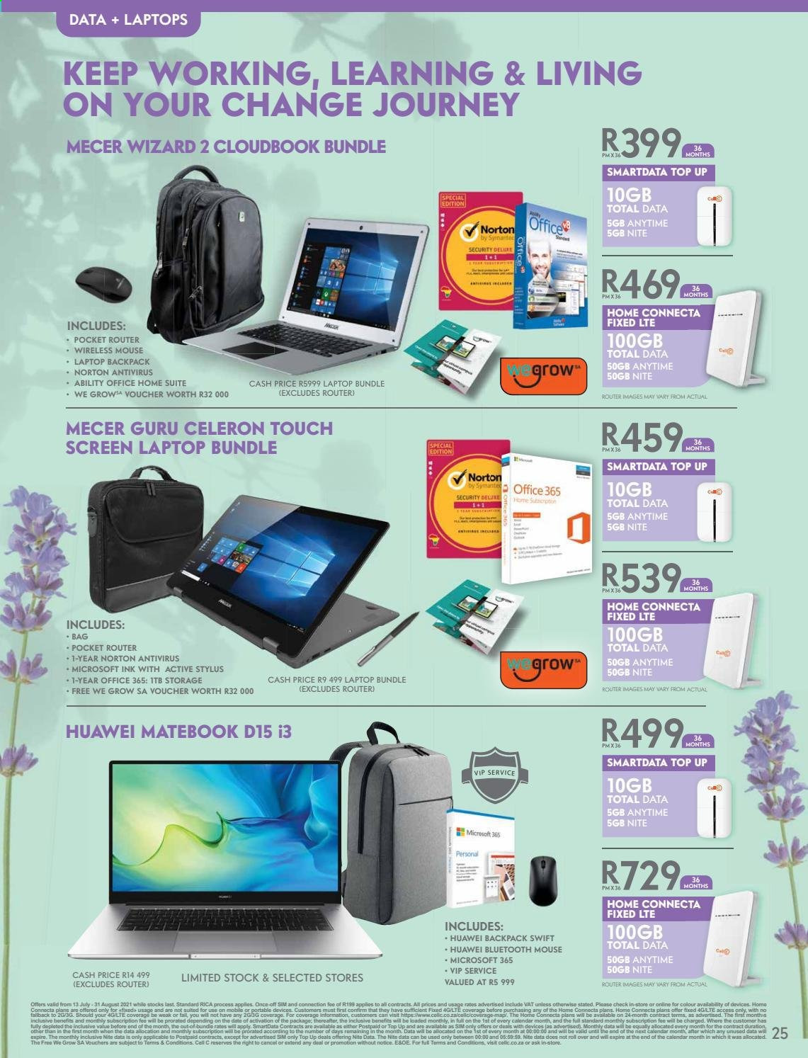 Cell C catalogue  - 01/09/2021 - 17/10/2021 - Sales products - Norton, anti-virus, Huawei, router, laptop, MateBook, mouse, laptop backpack. Page 25.