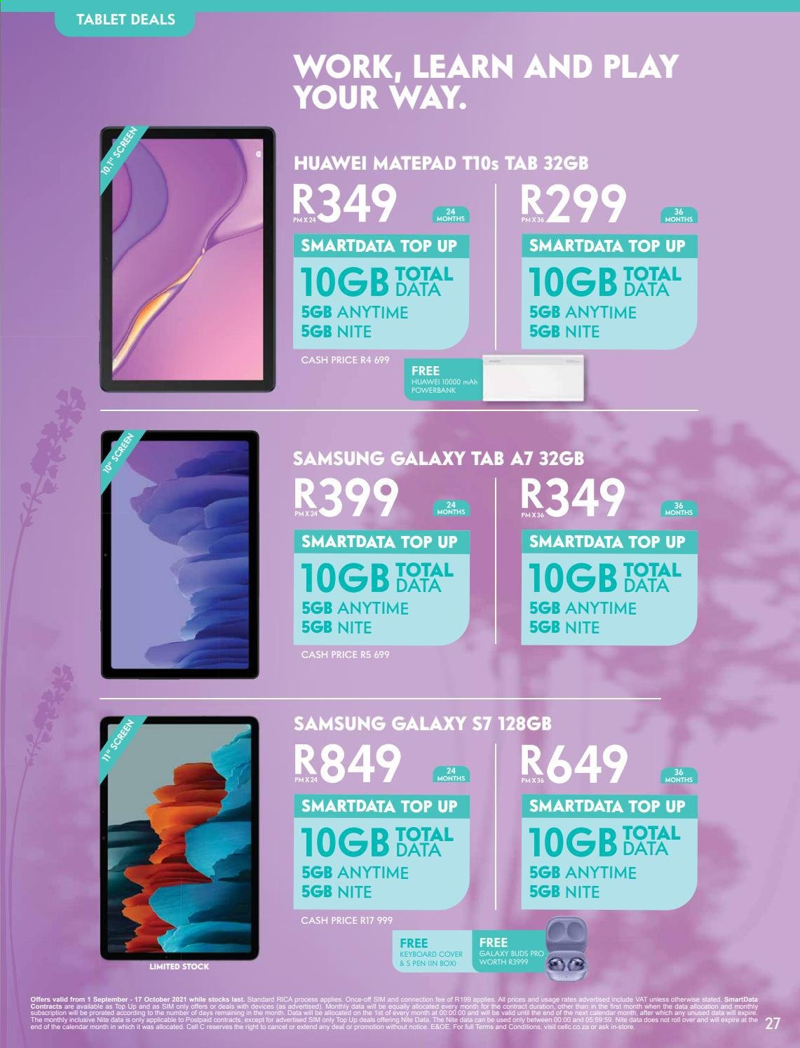 Cell C catalogue  - 01/09/2021 - 17/10/2021 - Sales products - tablet, Huawei, Samsung Galaxy, Samsung Galaxy Tab, Samsung, power bank, keyboard. Page 27.