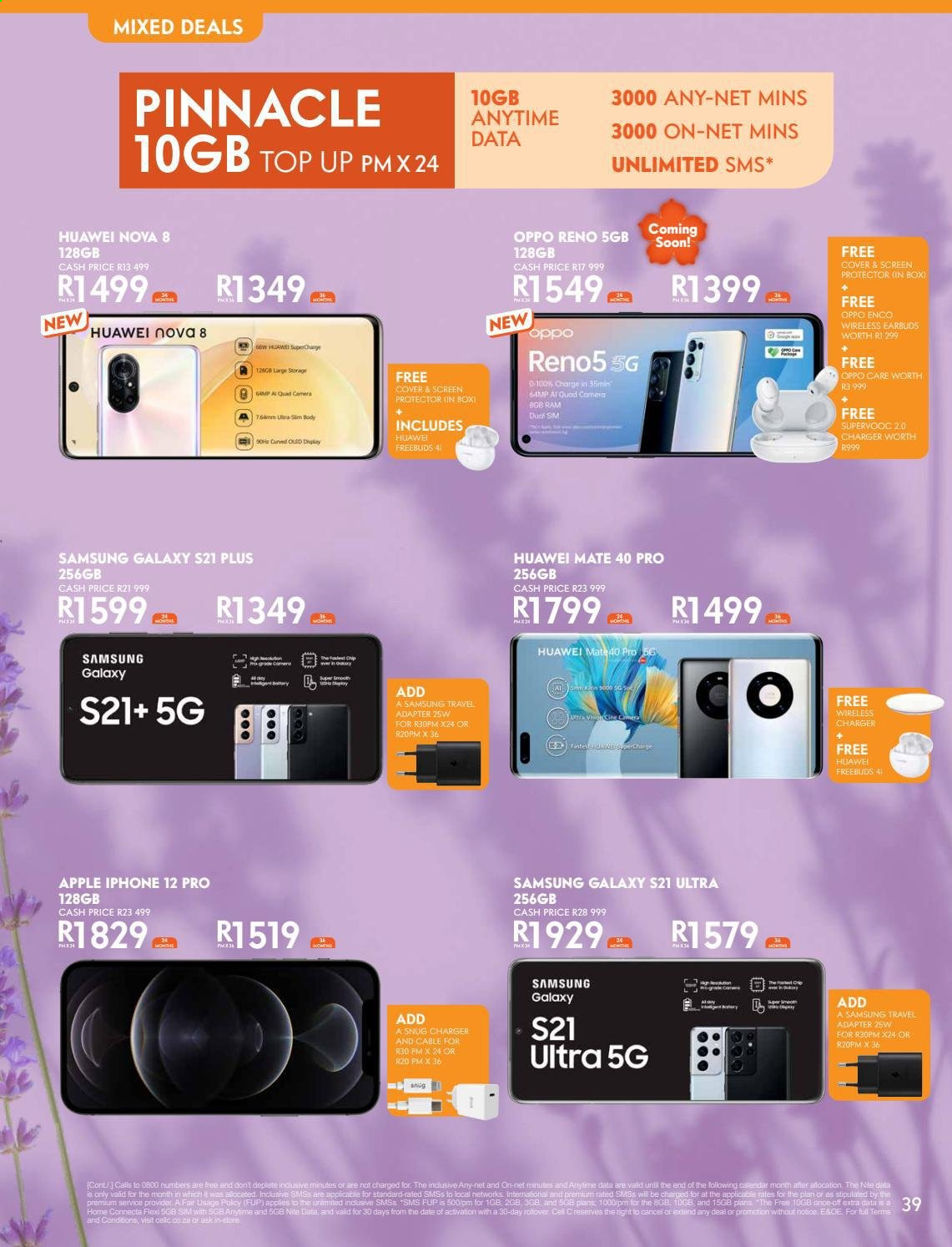 Cell C catalogue  - 01/09/2021 - 17/10/2021 - Sales products - Apple, Huawei, Samsung Galaxy, Samsung, Oppo, iPhone, iPhone 12, Samsung Galaxy S, Samsung Galaxy S21, iPhone 12 Pro, Huawei Nova, adapter. Page 39.