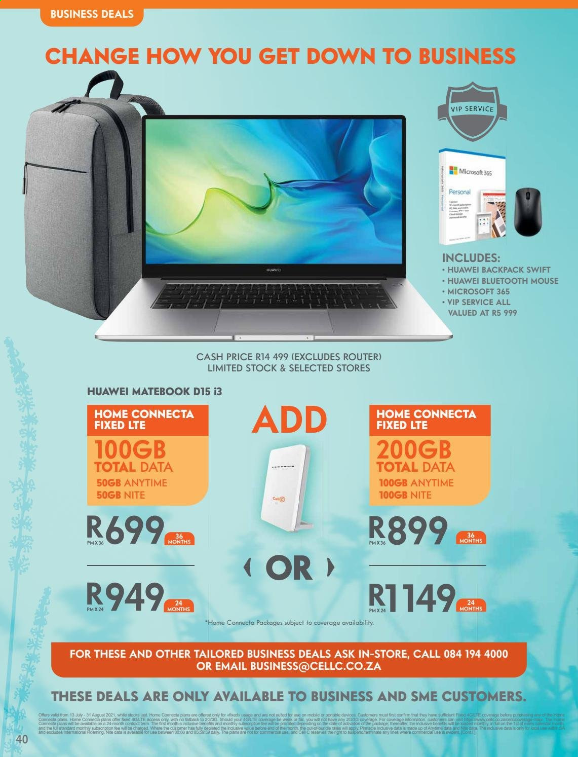 Cell C catalogue  - 01/09/2021 - 17/10/2021 - Sales products - Huawei, router, MateBook, mouse. Page 40.