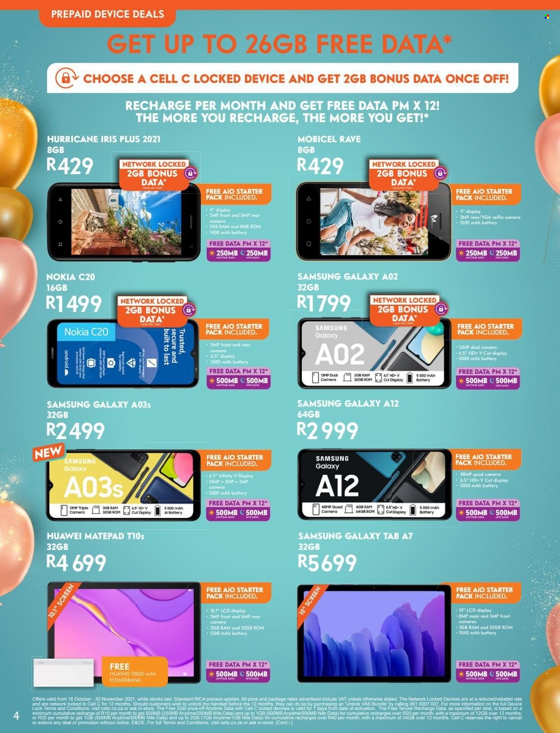 Cell C catalogue  - 18/10/2021 - 30/11/2021 - Sales products - Huawei, Samsung Galaxy, Samsung Galaxy Tab, Samsung, Nokia, Mobicel, Samsung Galaxy A, Samsung Galaxy A12, power bank. Page 4.