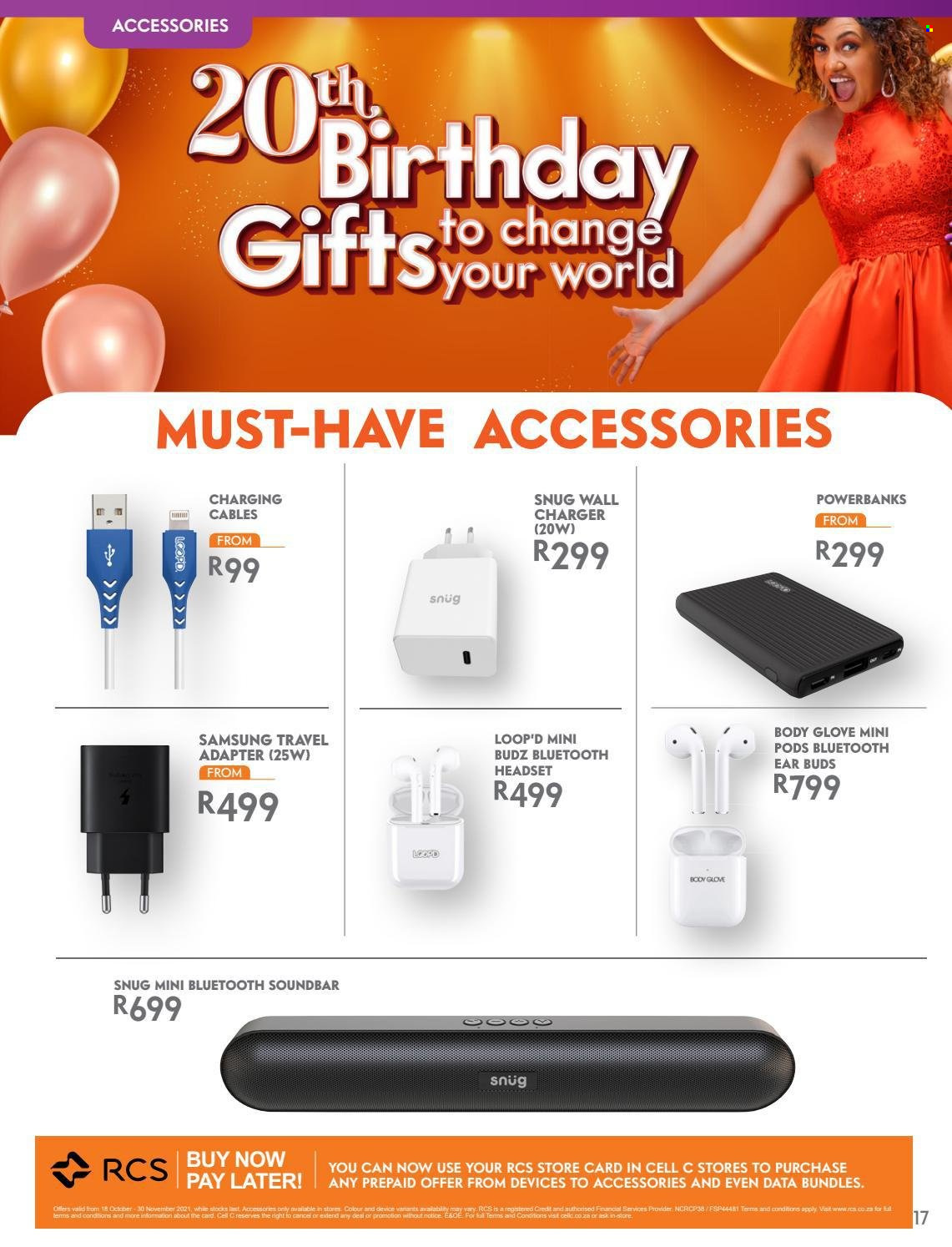 Cell C catalogue  - 18/10/2021 - 30/11/2021 - Sales products - Samsung, wall charger, adapter. Page 17.