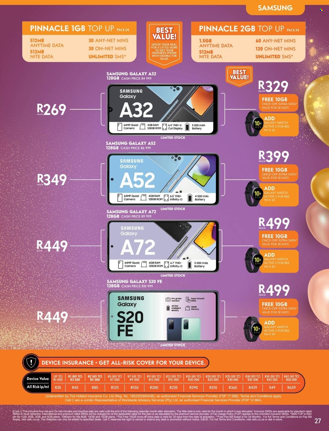 Cell C catalogue  - 18/10/2021 - 30/11/2021 - Sales products - Samsung Galaxy, Samsung, phone, Samsung Galaxy S, Samsung Galaxy S20, Samsung Galaxy Watch. Page 27.