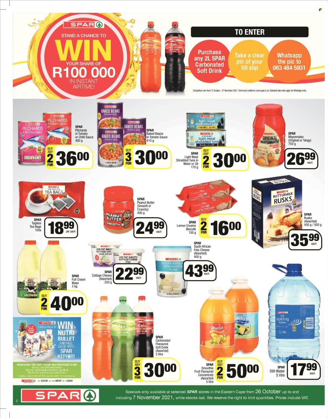 SPAR catalogue  - 25/10/2021 - 07/11/2021 - Sales products - rusks, beans, orange, sardines, tuna, cottage cheese, cheese, feta cheese, buttermilk, amasi, mayonnaise, biscuit, tuna in water, baked beans, peanut butter, soft drink, smoothie, mineral water, bottled water, carbonated soft drink, tea bags. Page 1.