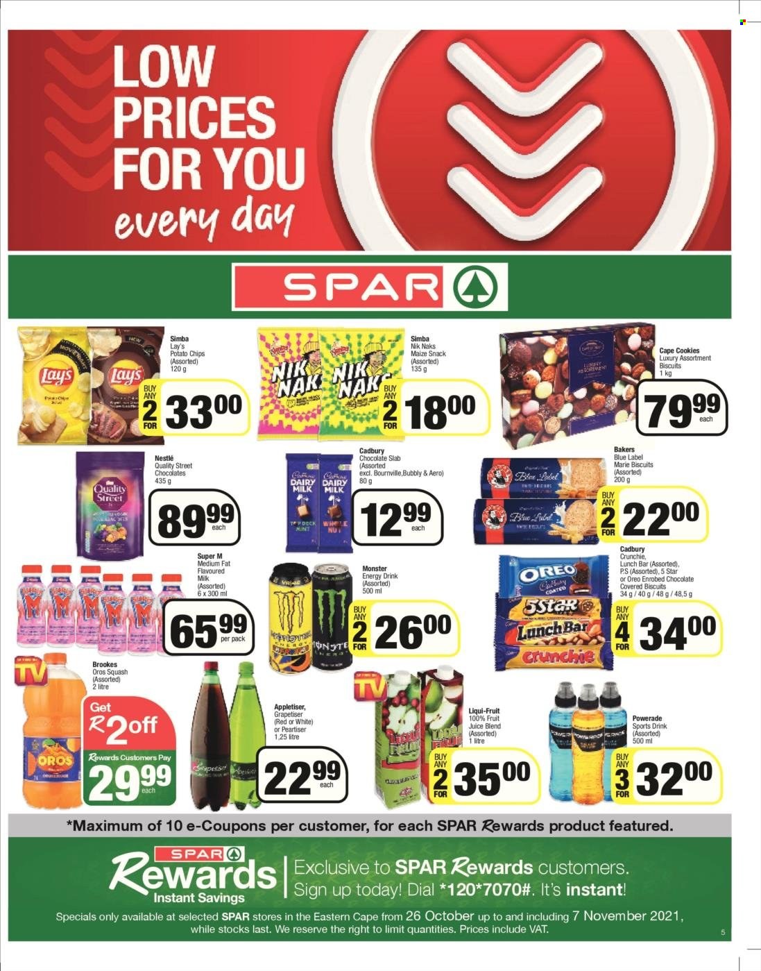 SPAR catalogue  - 25/10/2021 - 07/11/2021 - Sales products - Oreo, flavoured milk, cookies, Nestlé, snack, biscuit, Cadbury, Dairy Milk, potato chips, chips, Lay's, maize snack, Simba, Nik Naks, Powerade, energy drink, Monster, juice, Peartiser, Oros, Monster Energy, Dial, Bakers. Page 4.