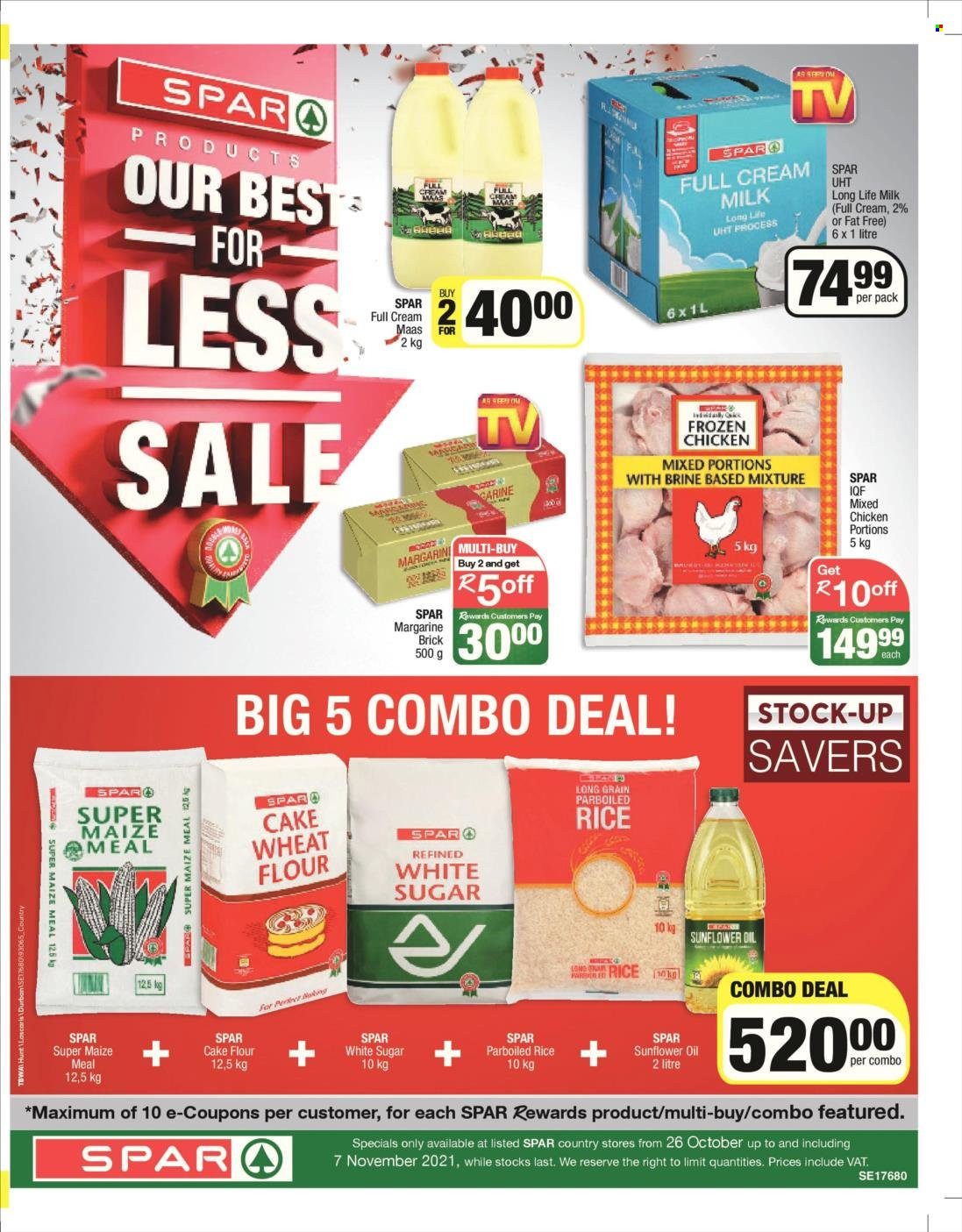 SPAR catalogue  - 26/10/2021 - 07/11/2021 - Sales products - long life milk, amasi, margarine, flour, sugar, wheat flour, maize meal, cake flour, rice, parboiled rice, sunflower oil, oil, chicken meat. Page 1.