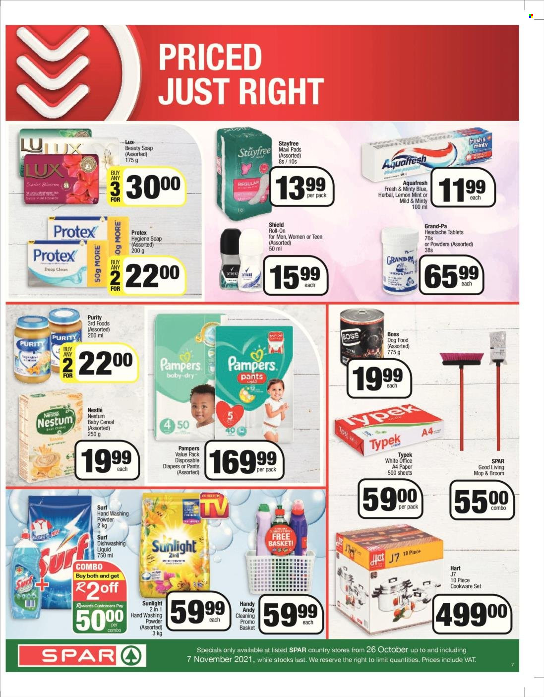 SPAR catalogue  - 26/10/2021 - 07/11/2021 - Sales products - Nestlé, cereals, Purity, Pampers, pants, nappies, laundry powder, Sunlight, Surf, dishwashing liquid, Lux, Protex, soap, Stayfree, roll-on, animal food, dog food. Page 7.