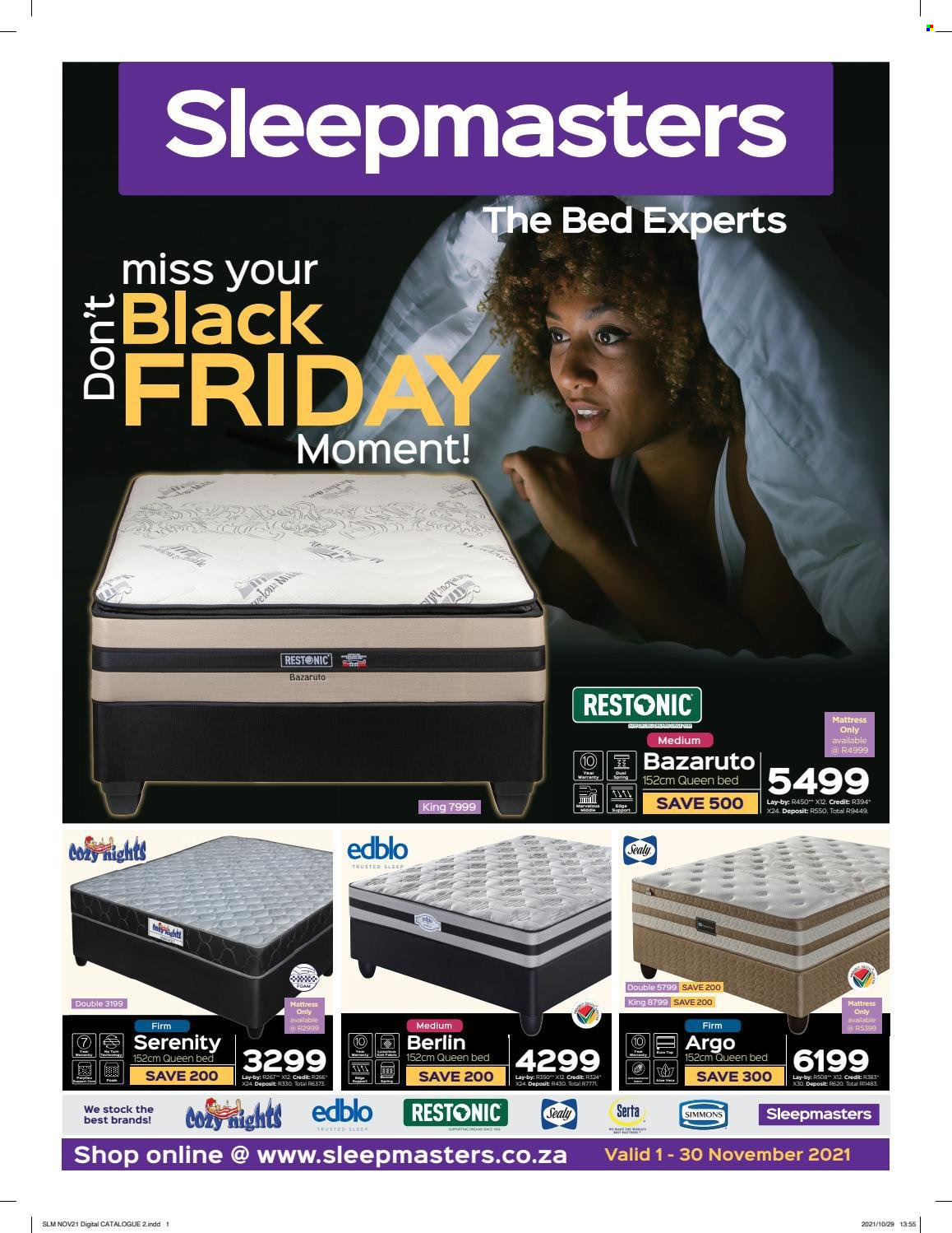 Sleepmasters catalogue  - 01/11/2021 - 30/11/2021 - Sales products - bed, queen bed, mattress, Simmons. Page 1.
