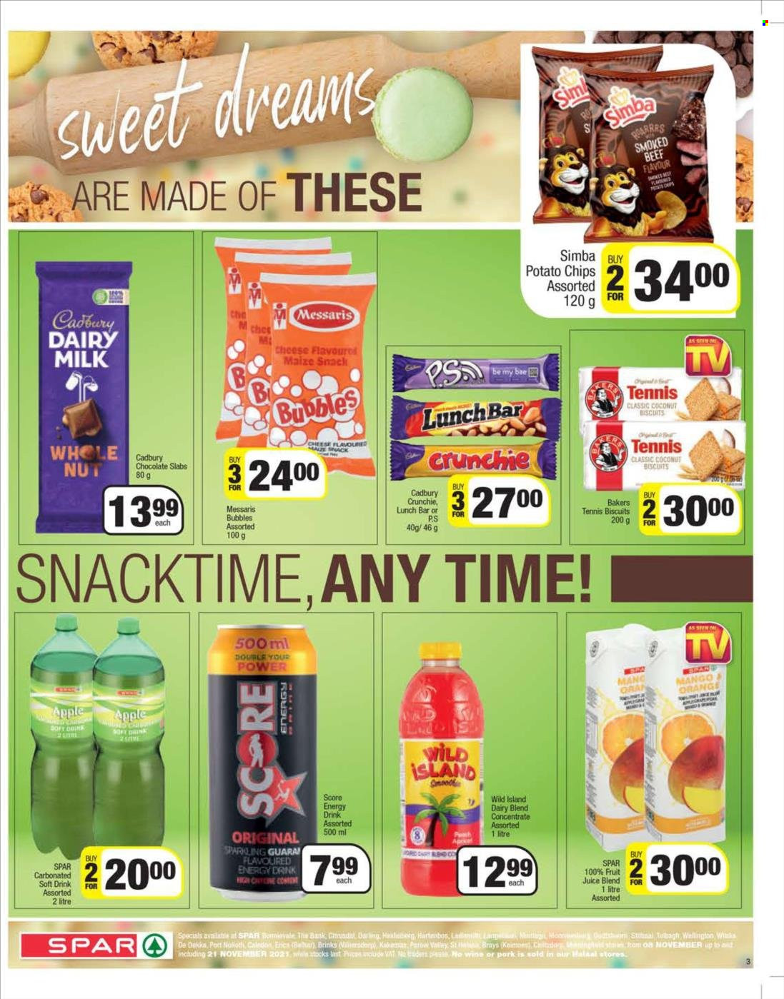 SPAR catalogue  - 08/11/2021 - 21/11/2021 - Sales products - mango, orange, dairy blend, chocolate, snack, chocolate slabs, biscuit, Cadbury, Dairy Milk, potato chips, chips, Snacktime, maize snack, Simba, energy drink, juice, soft drink, carbonated soft drink, wine, Bakers. Page 3.