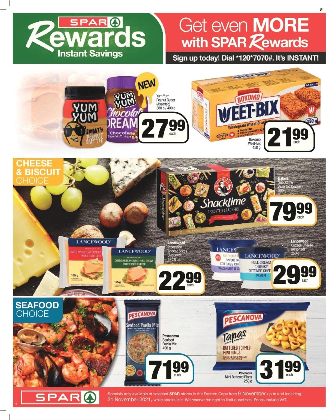 SPAR catalogue  - 09/11/2021 - 21/11/2021 - Sales products - seafood, cottage cheese, cheddar, Lancewood, paella, chocolate, crackers, biscuit, Snacktime, Weet-Bix, Dial, Bakers. Page 4.